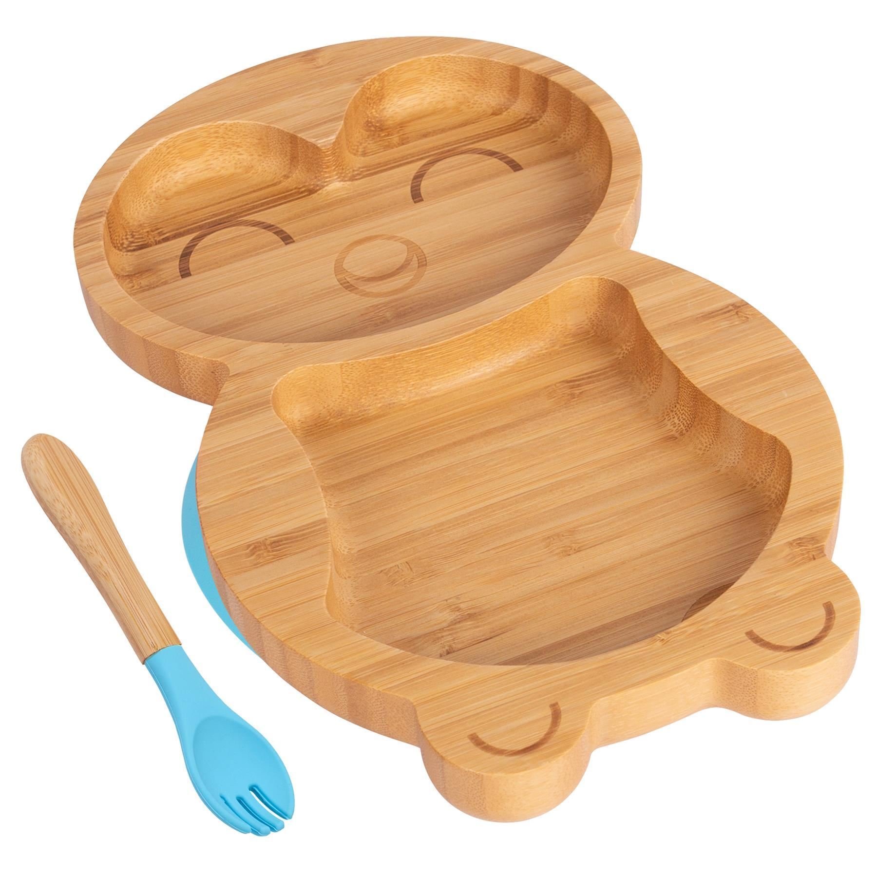 Tiny Dining Bamboo Penguin Baby Weaning Plate & Fork Set - Blue