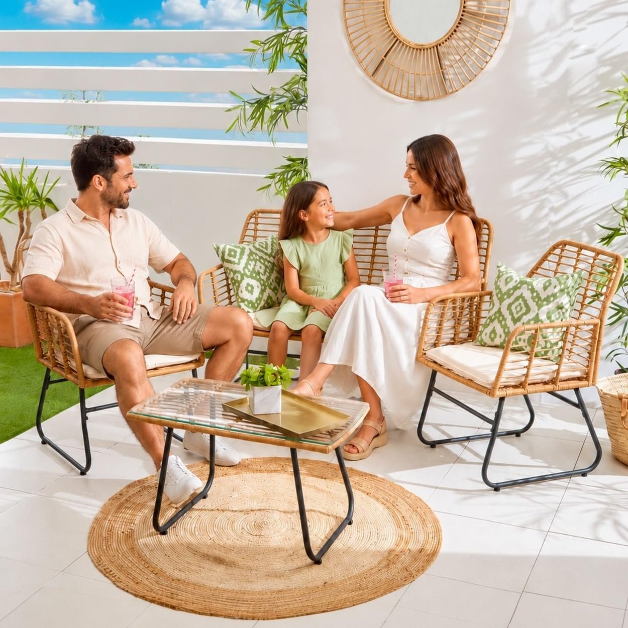 Neo Grey Bamboo Style Garden Sofa with Table & Chairs 4 Piece Set - Beige