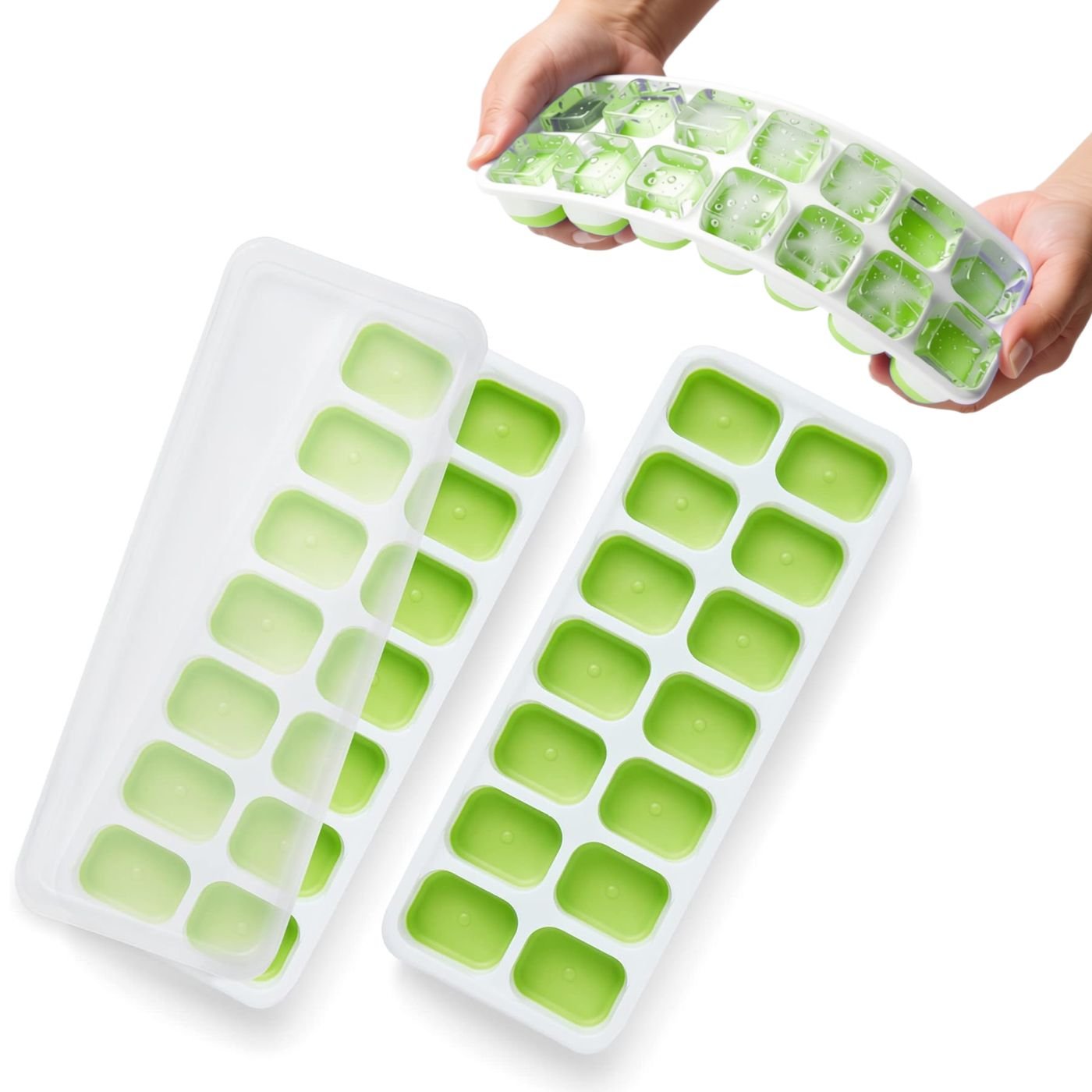 Keplin Stackable Lidded Silicone Ice Cube Trays - 2 Pack - Green