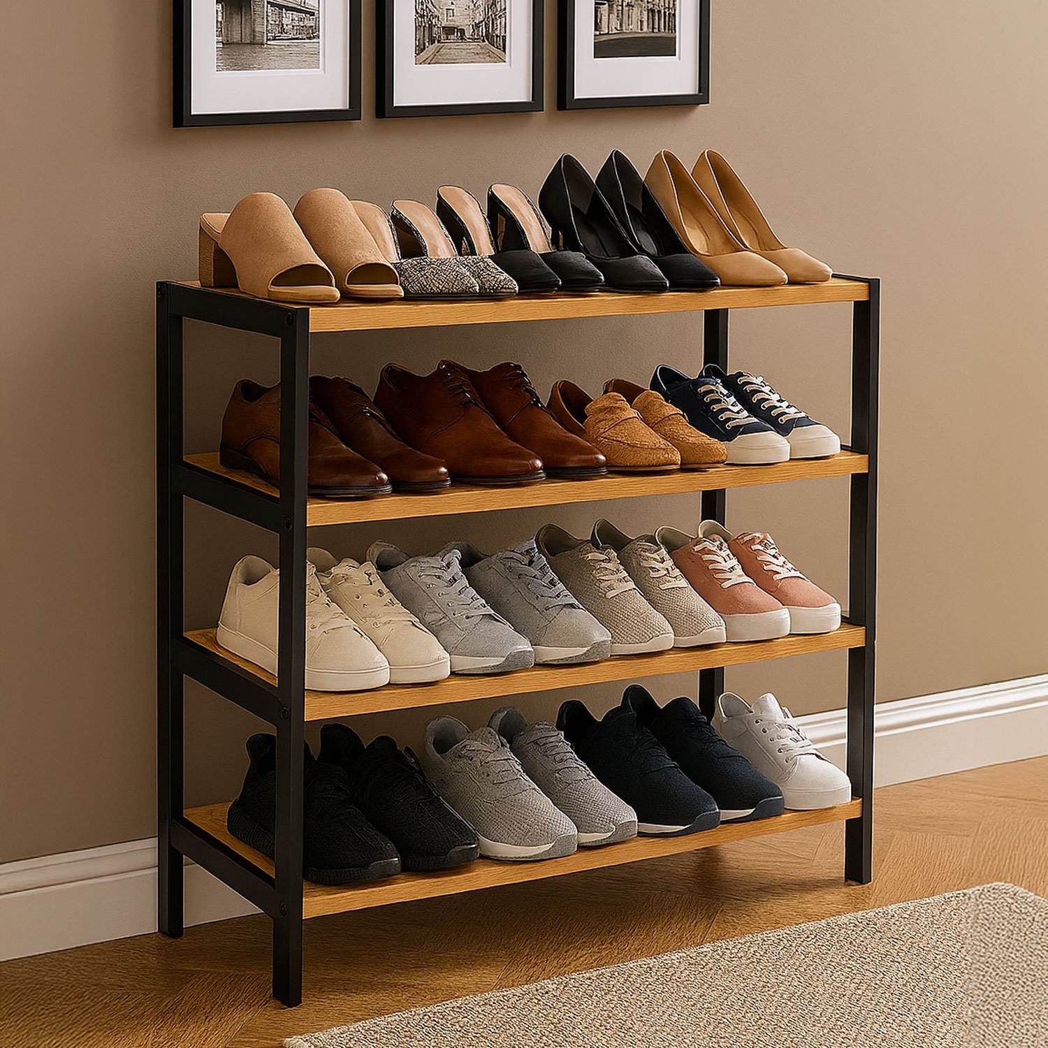 Neo 4 Tier Bamboo Shoe Rack - Black/Natural