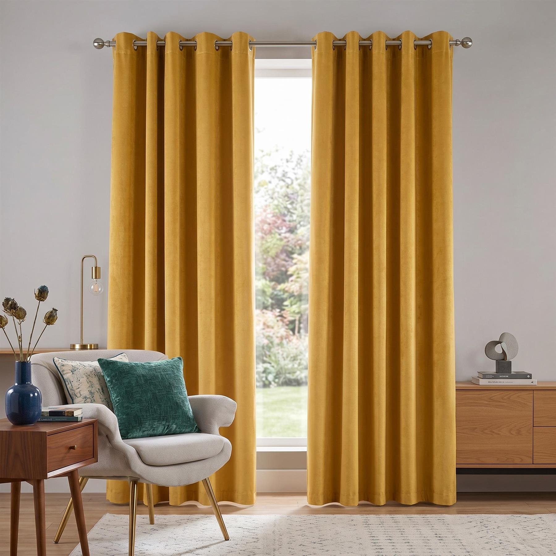 Luxury Living Velvet Chenille Eyelet Curtains 142cm x 183cm - Yellow