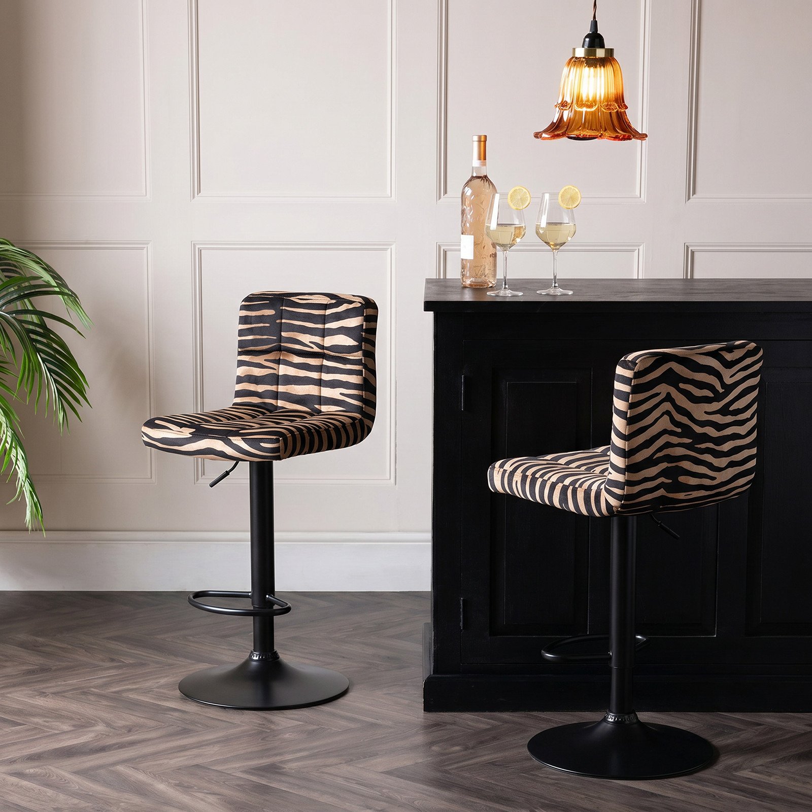 OHS Set of 2 Zebra Print Adjustable Velvet Bar Stools - Realistic