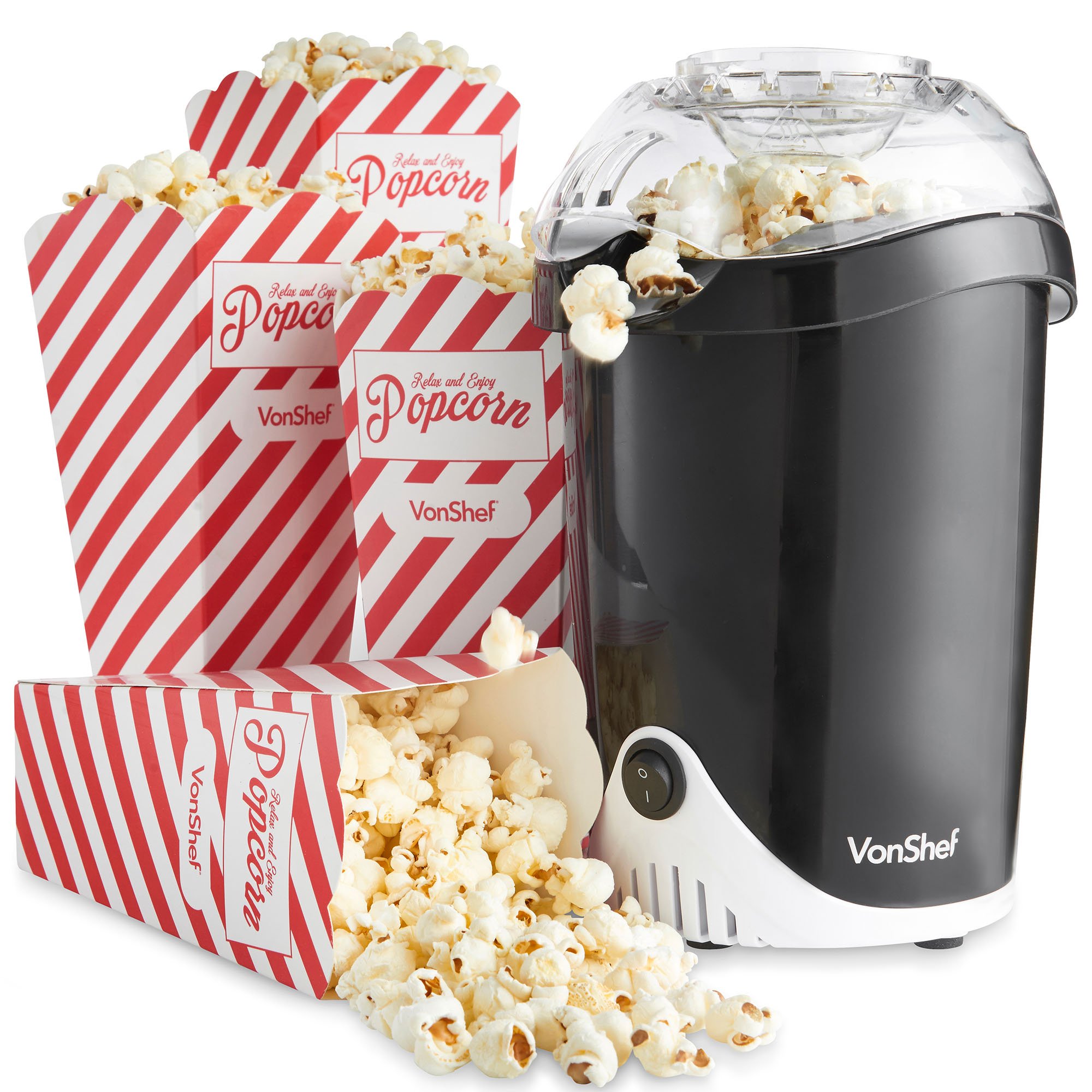 VonShef 1200W Hot Air Popcorn Maker w/ 6 Boxes - Black