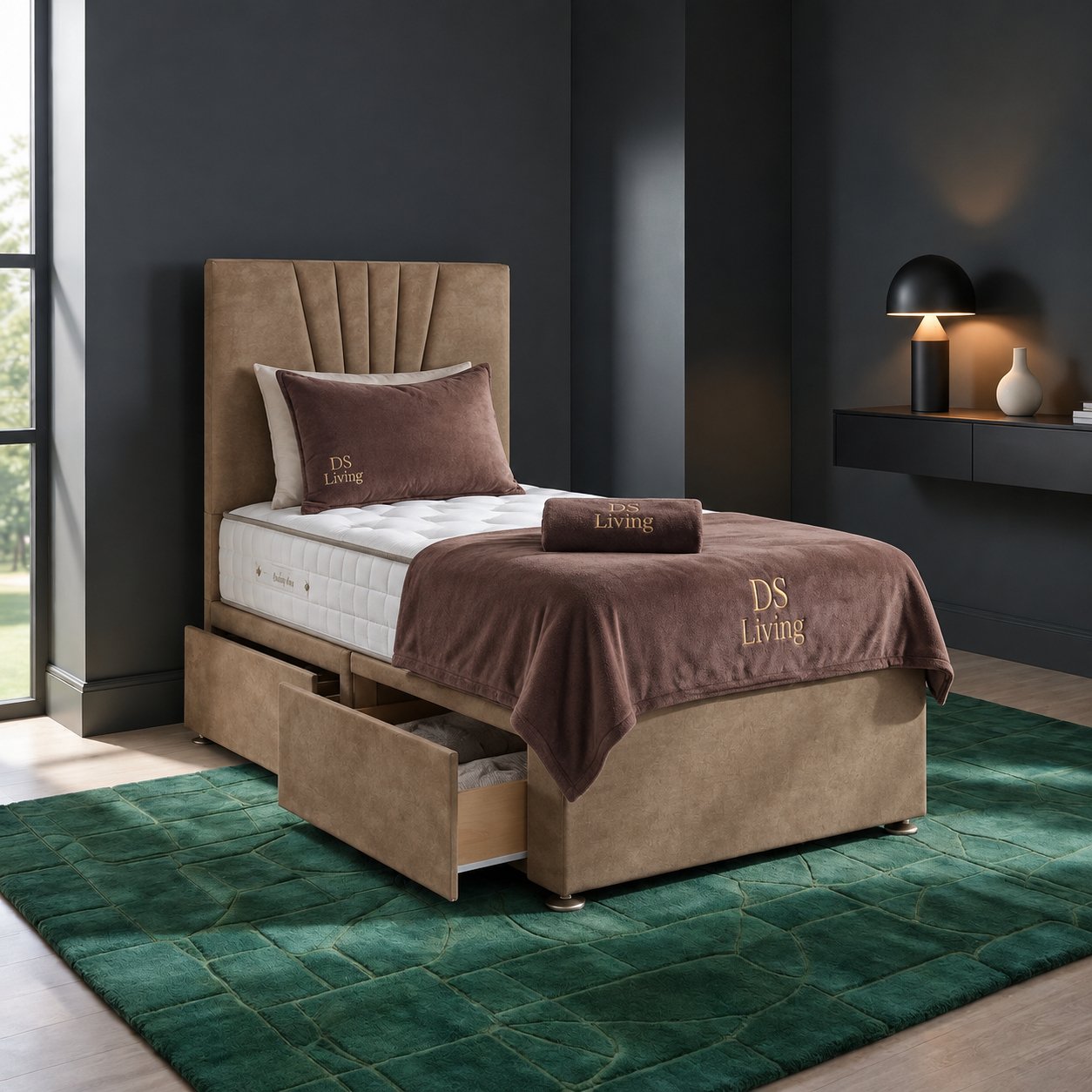 DS Living Elysian Single 2 Drawer Upholstered Divan Bed Frame - Beige