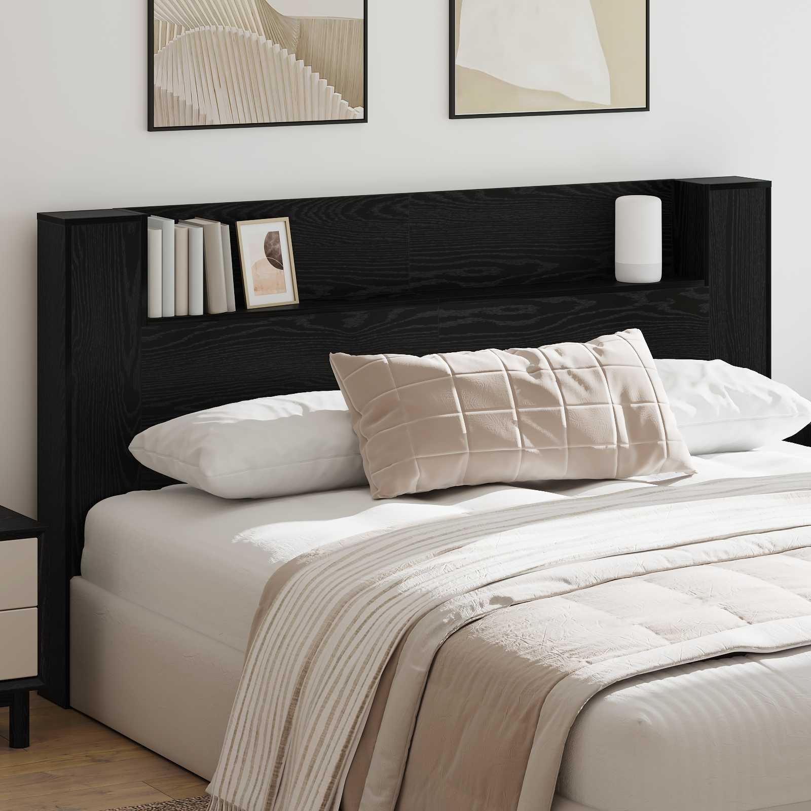 Walplus Wood LED Headboard Cabinet - Black Ash - 180 x 16.5 x 103.5 cm