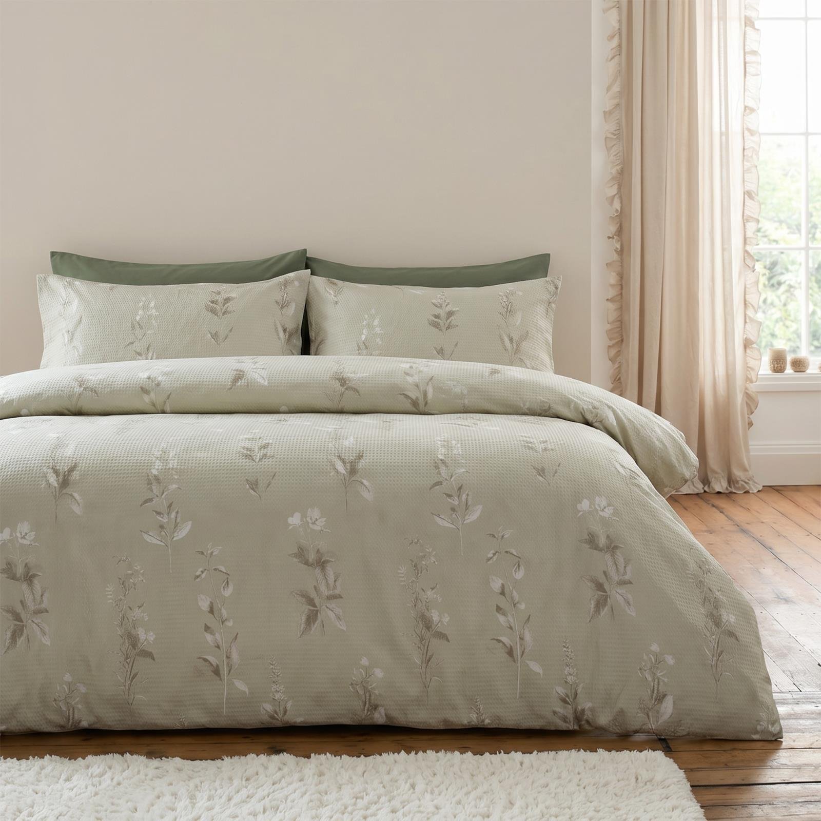 OHS Botanics Print Waffle Duvet Cover Set Bedding - Stone - Superking
