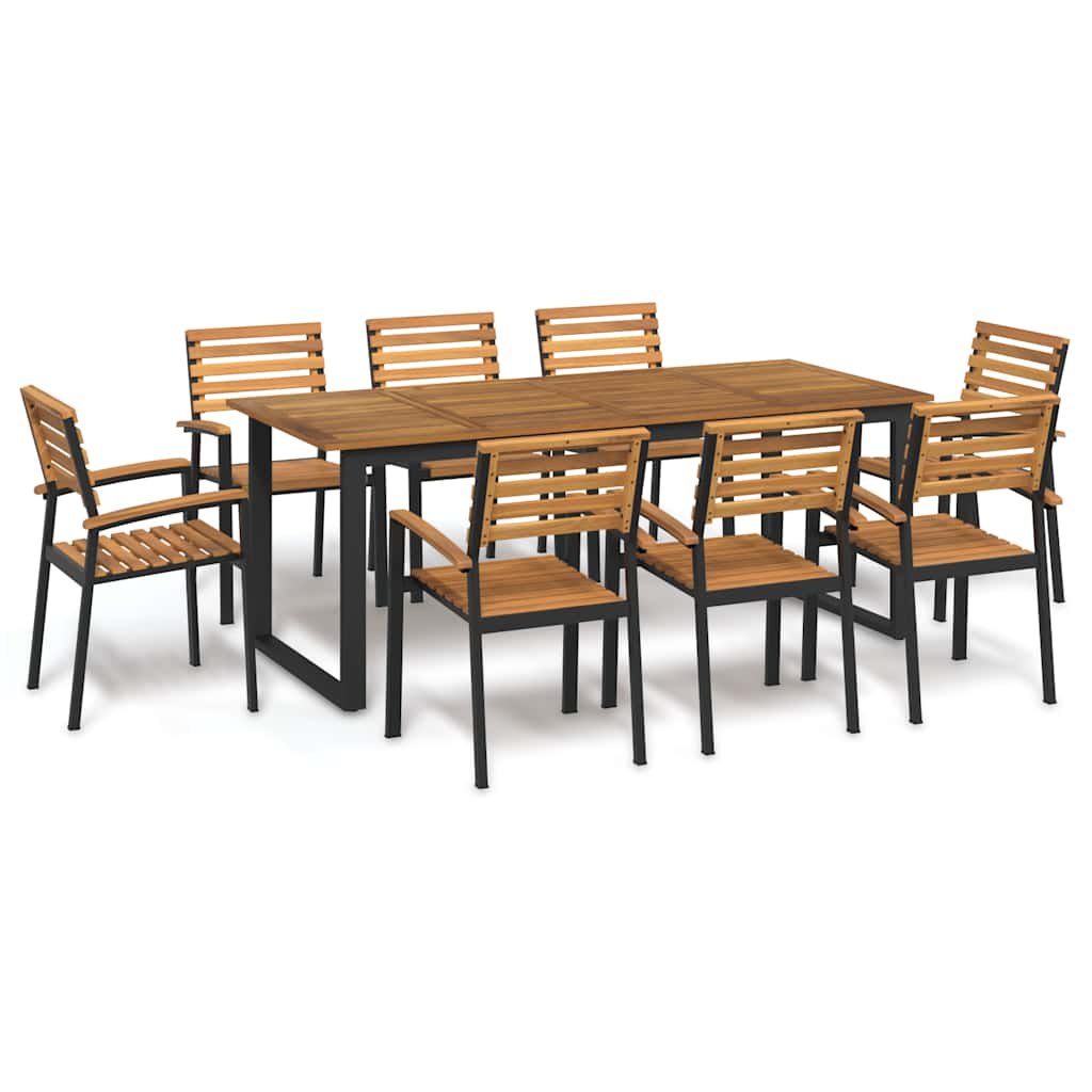 Walplus 9 Piece Solid Acacia Wood Garden Dining Set - Brown - 200 x 90 x 75 cm