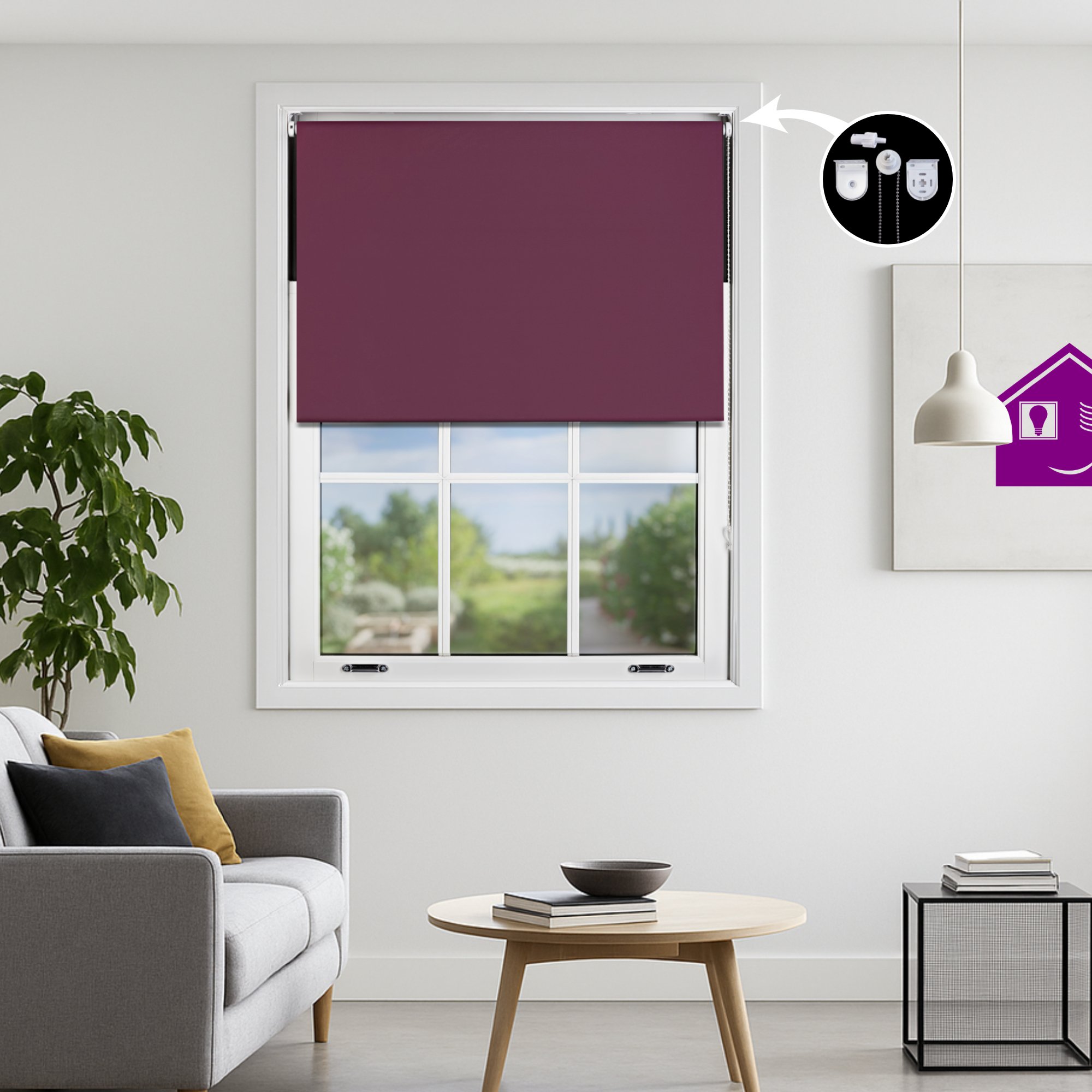 Furnished Aubergine Blackout Roller Blind with Metal Fittings - 55 x 165cm