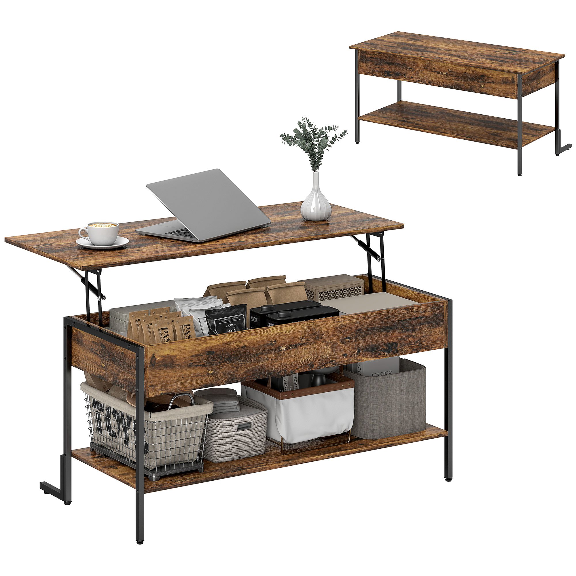 HOMCOM Lift Top Coffee Table with Storage - Rustic Brown