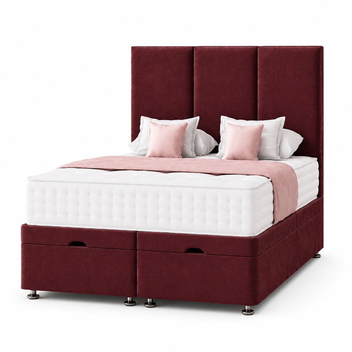 Comfy Deluxe 4ft Small Double End‑lift Ottoman Plush Storage Bed Set - Burgundy