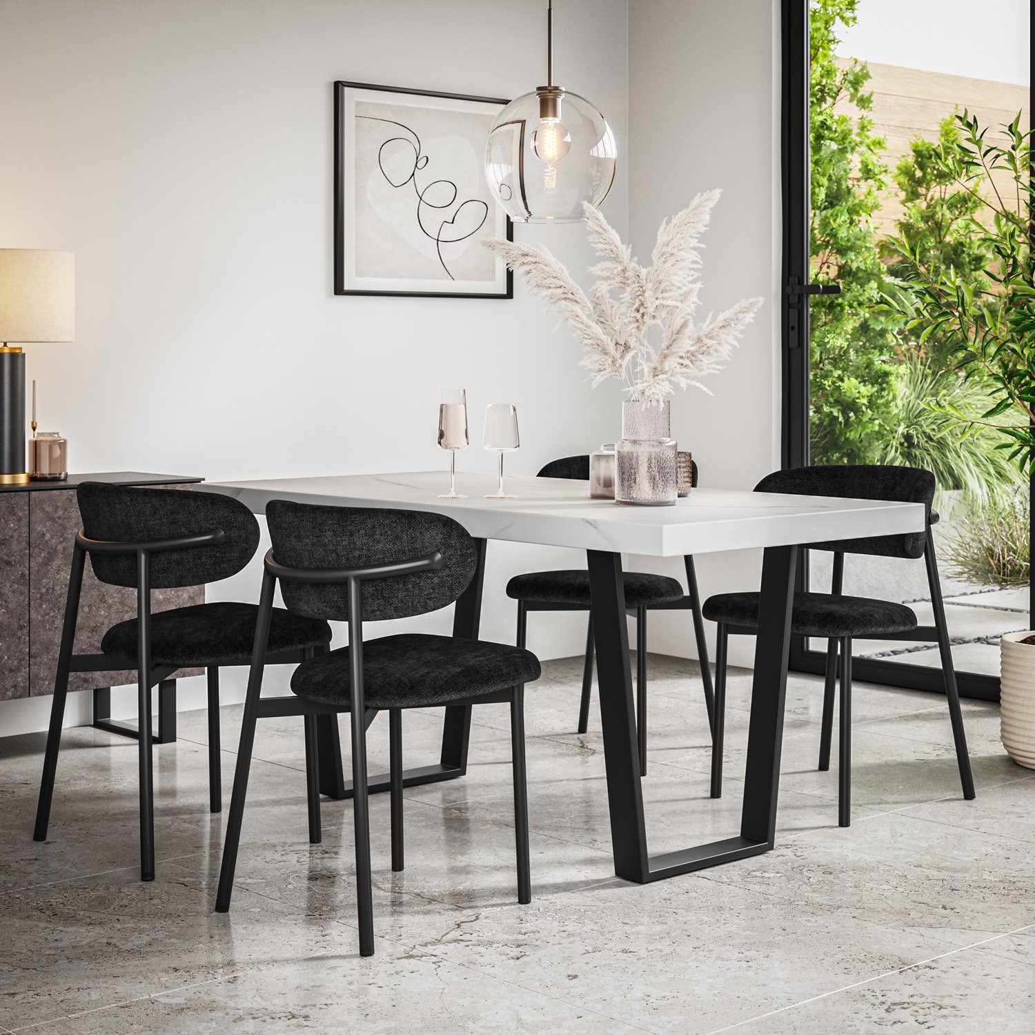 Furniture Online Aria Marble Effect Dining Table & 6 Myla Black Chairs