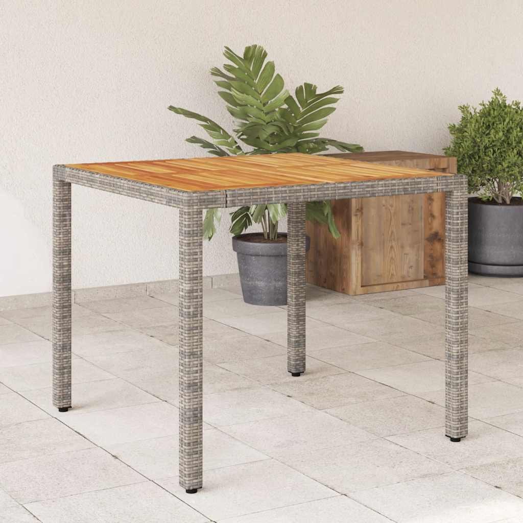 Walplus Poly Rattan Garden Table with Acacia Top - Grey - 90 x 90 x 75 cm