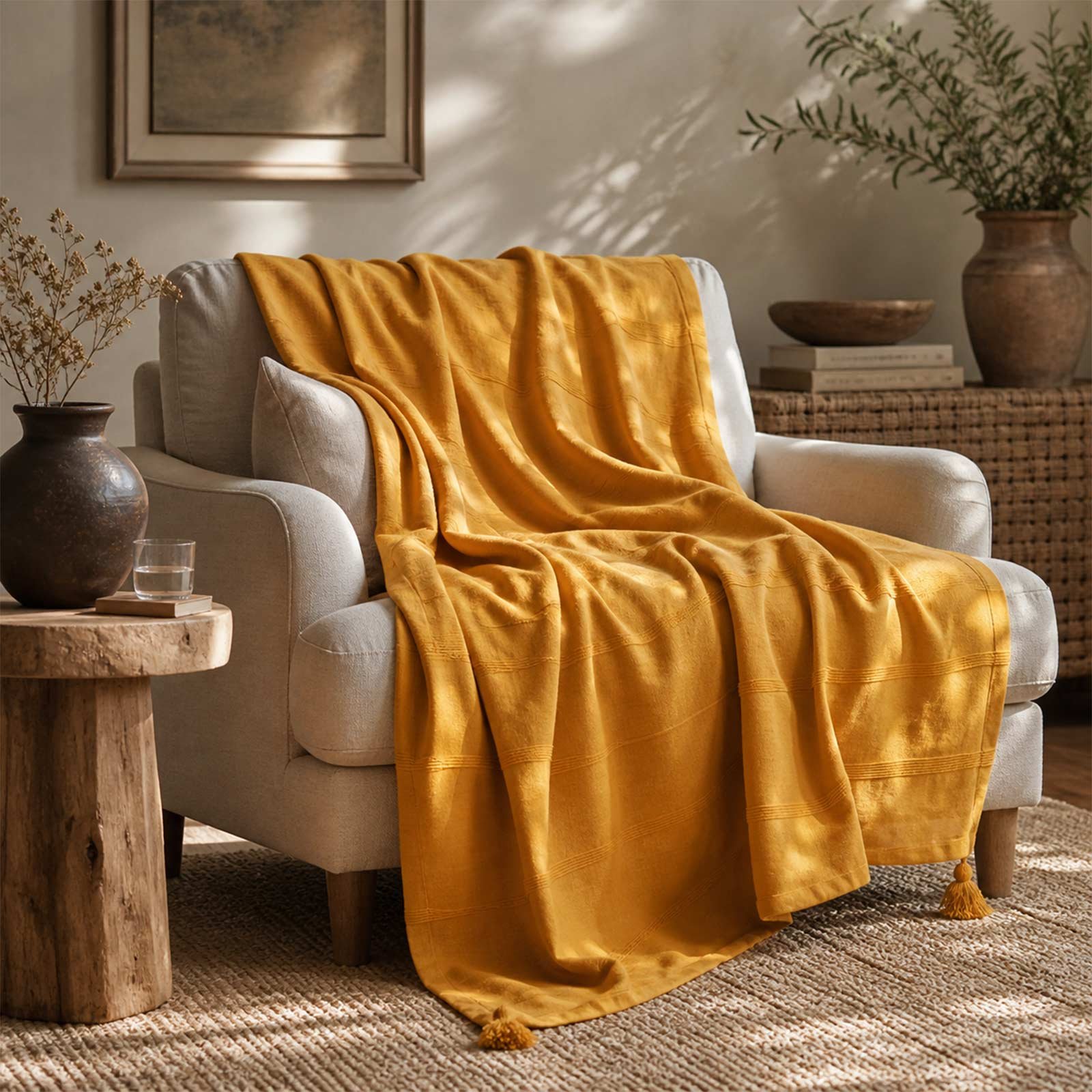 Homescapes Cotton Rajput Ribbed Throw - 225 x 255 cm - Mustard