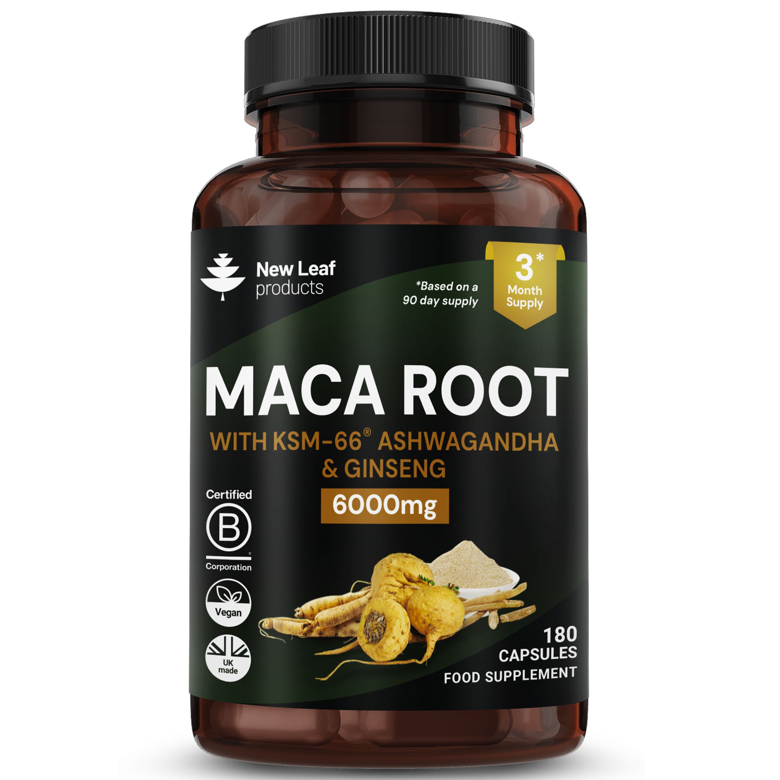 New Leaf Maca Root KSM Ashwagandha, Panax Ginseng & Black Pepper - 180 Capsules
