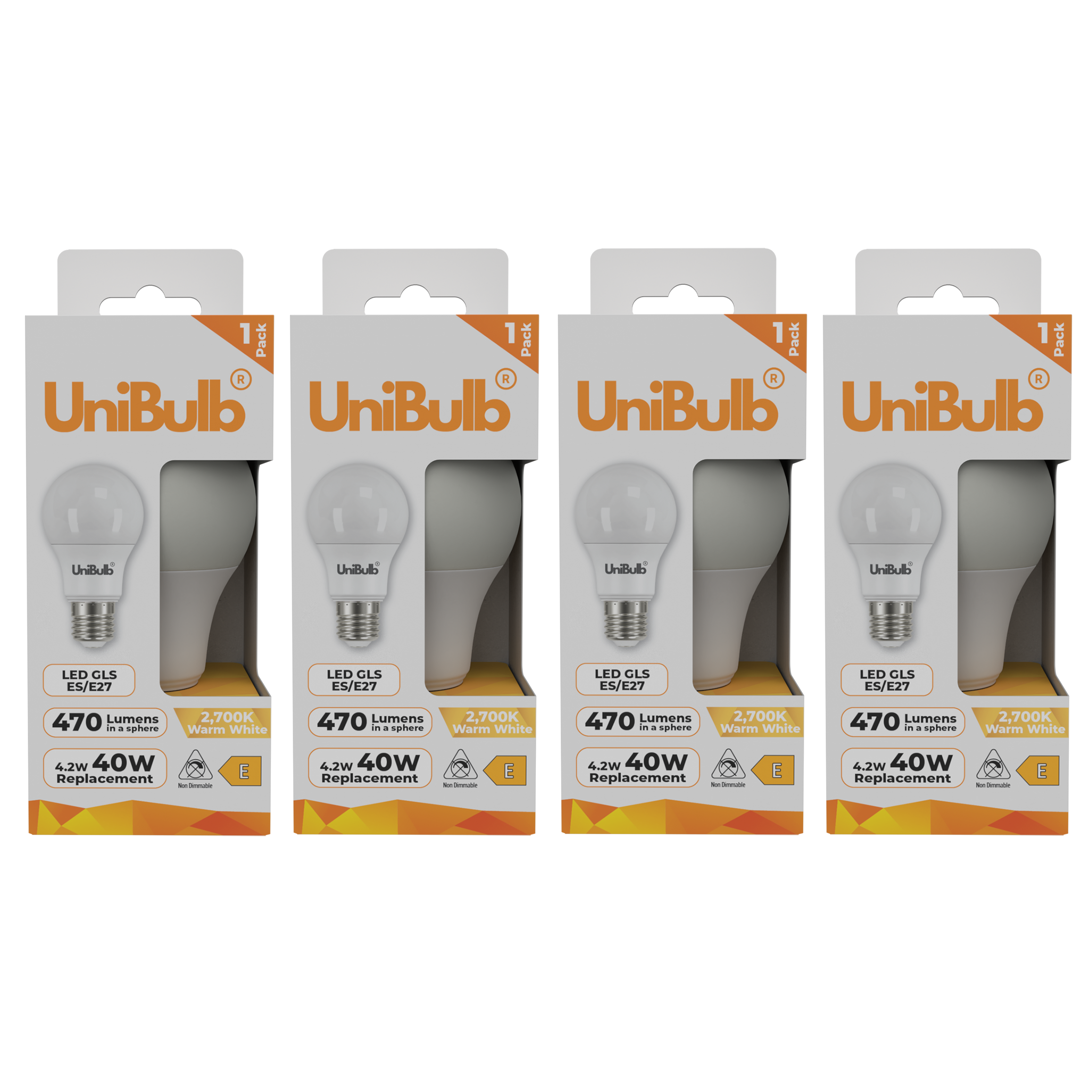 UniBulb 4.2W LED Warm White GLS E27 Light Bulb - Pack of 4