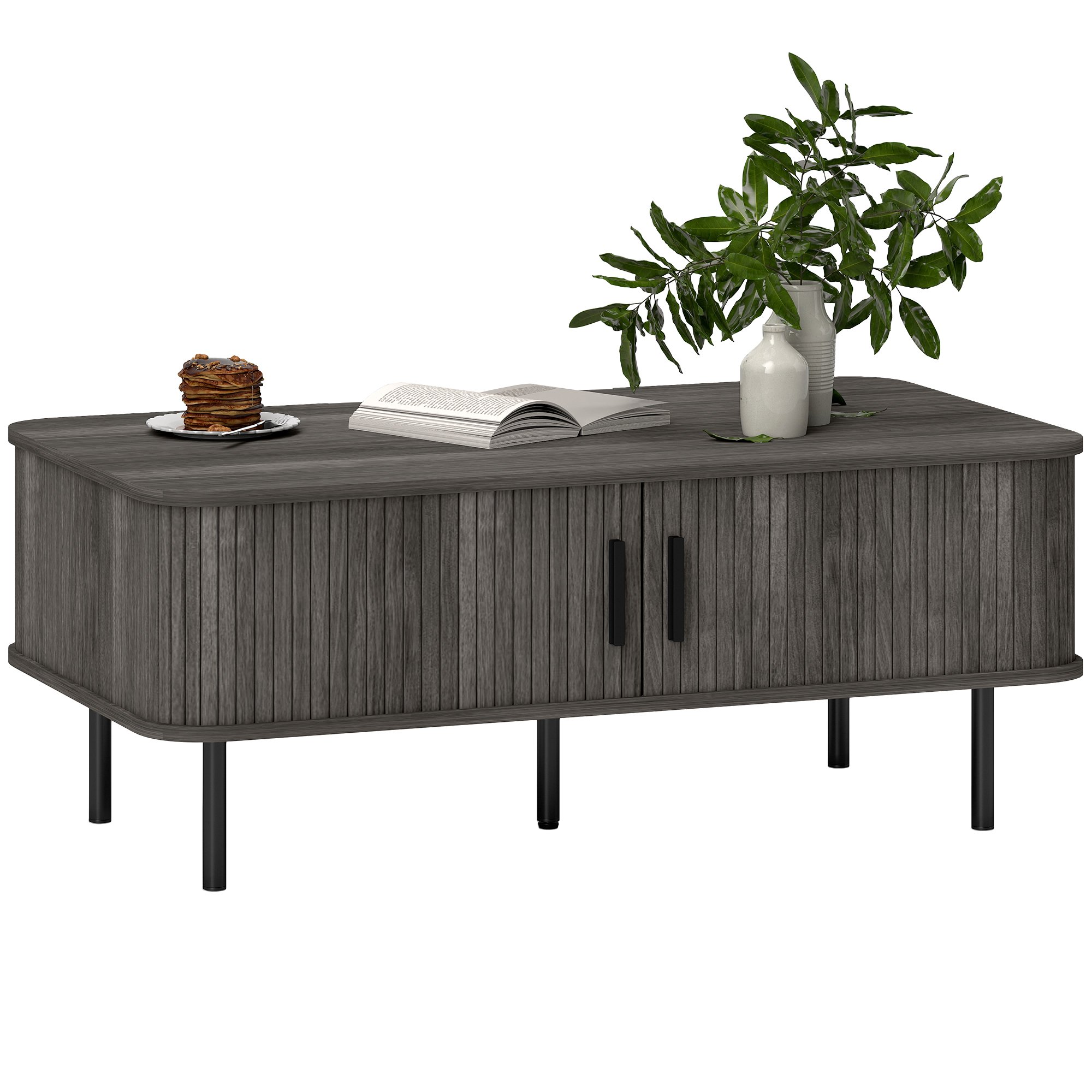 HOMCOM Coffee Table with Storage and Slatted Tambour Sliding Doors - Grey