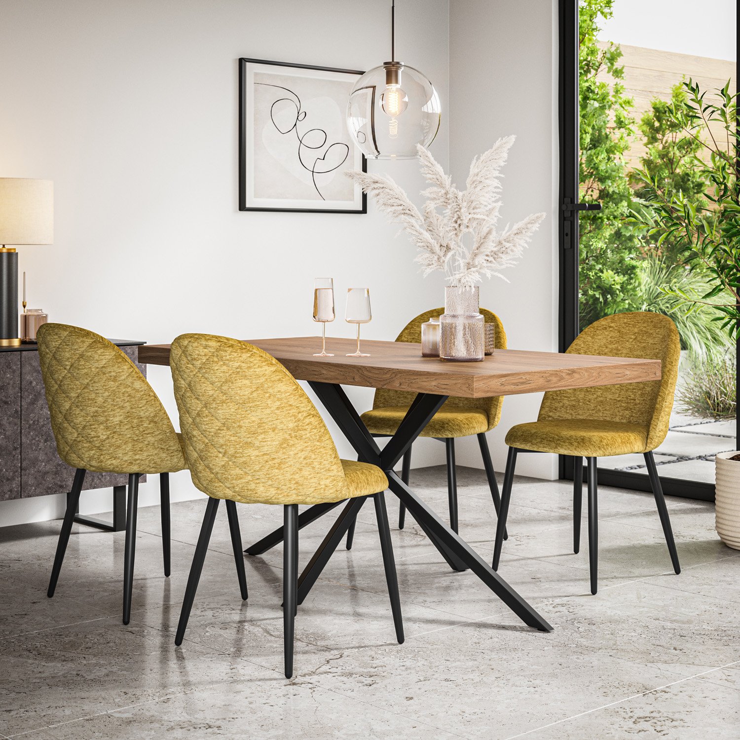 Furniture Online Donni Oak Effect Dining Table & 4 Raye Mustard Chairs