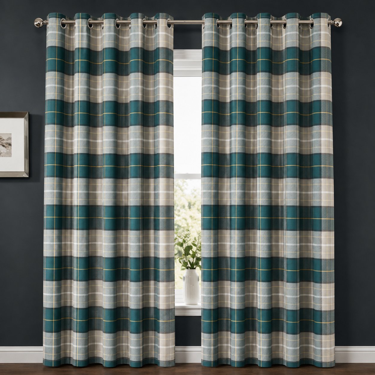 New Edge Blinds Emerald Green Printed Check Eyelet Curtains - 117cm x 137cm