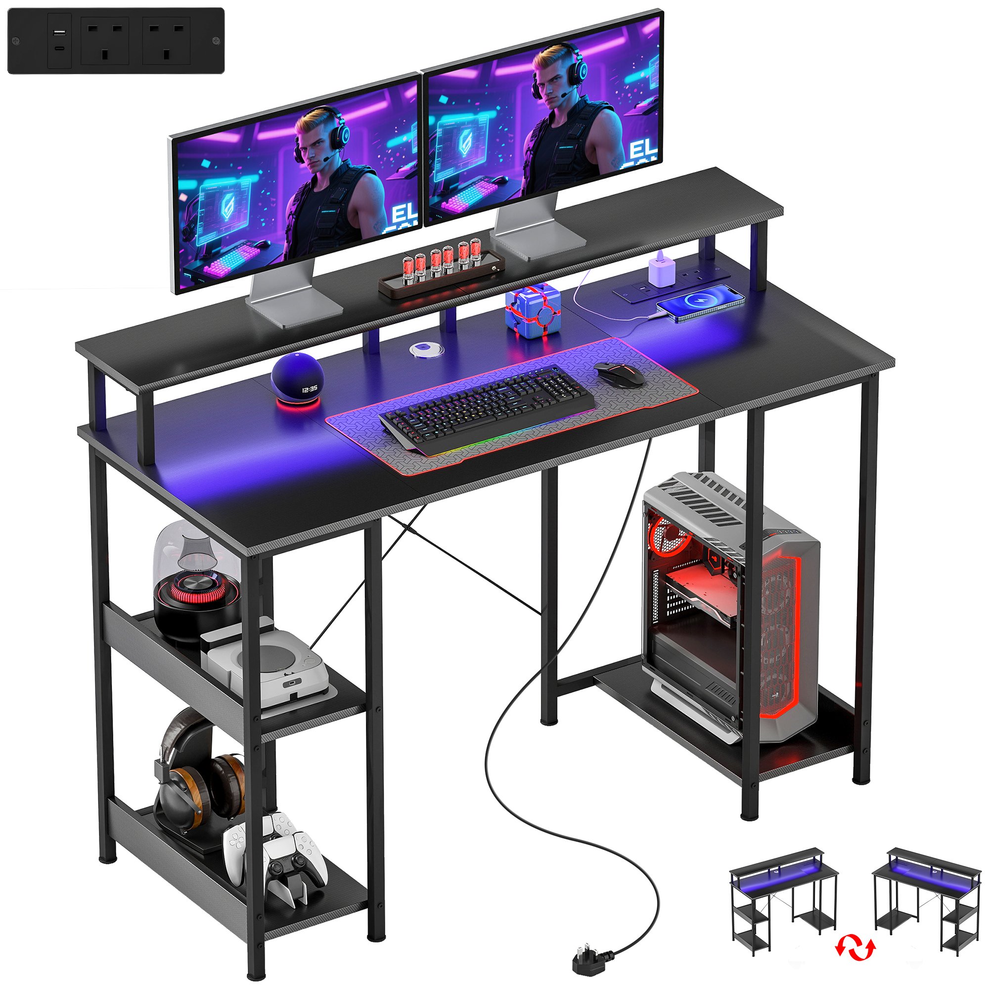 HOMCOM Reversible Computer Desk with Power Outlets - Carbon Fibre Grey