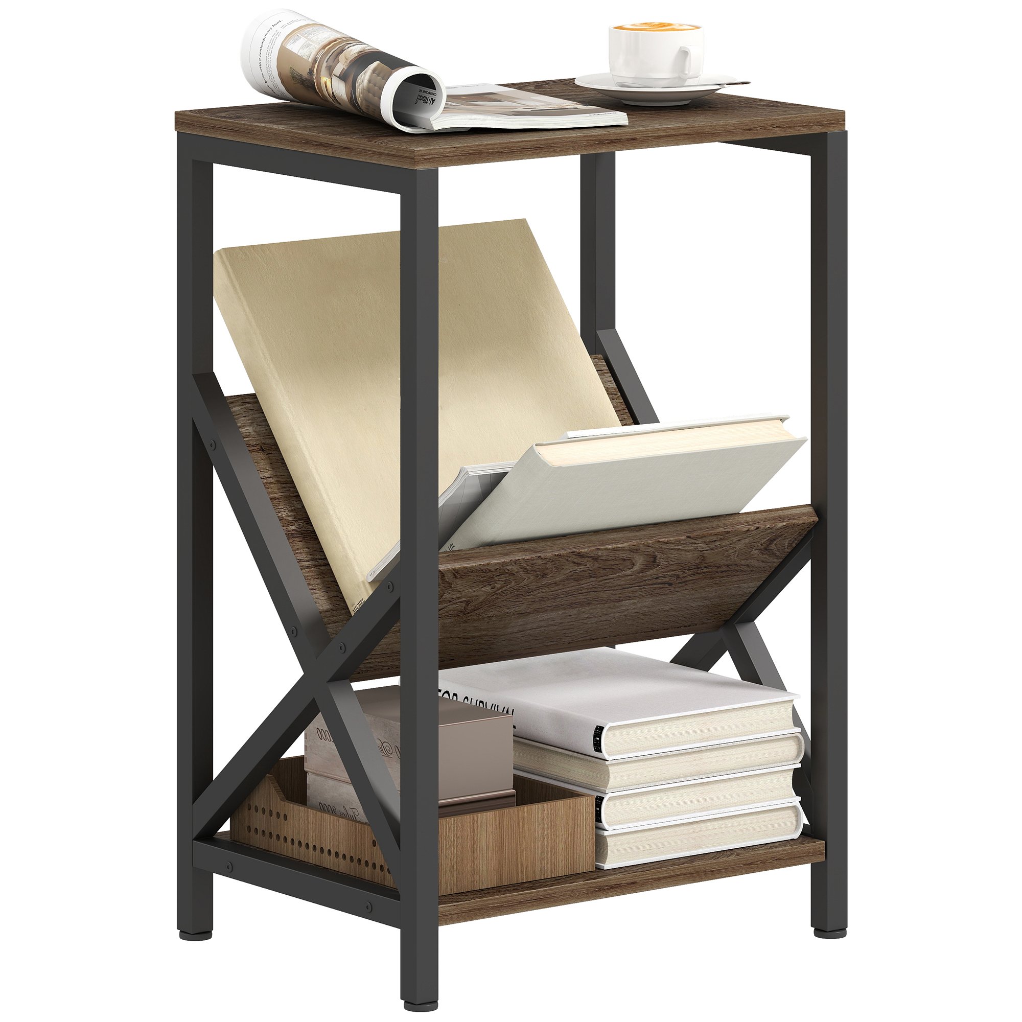 HOMCOM Narrow Industrial End Table with 3 Tier Storage - Oak