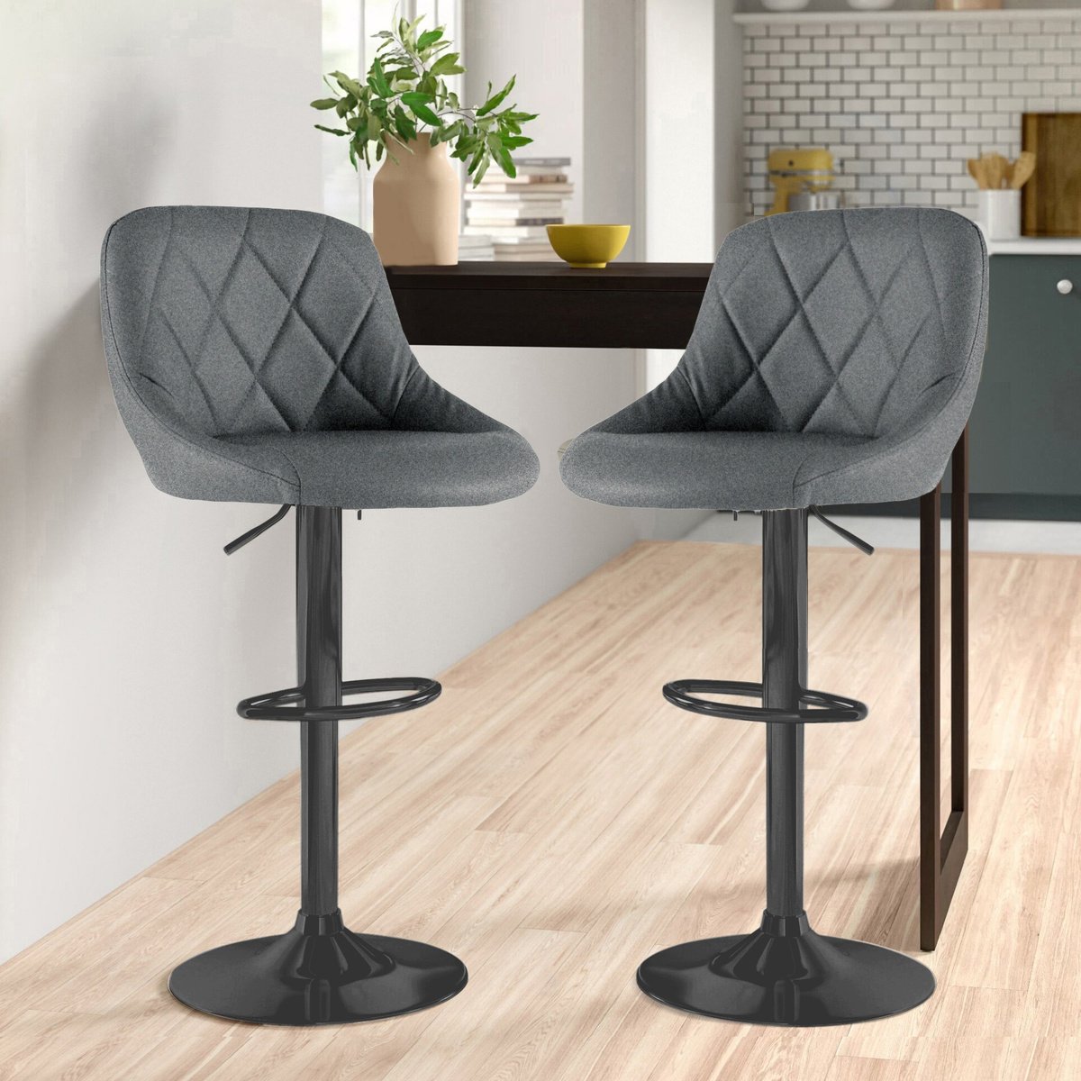 Neo Set of 2 Madrid Fabric Adjustable Barstools with Matt Black Legs - Dark Grey