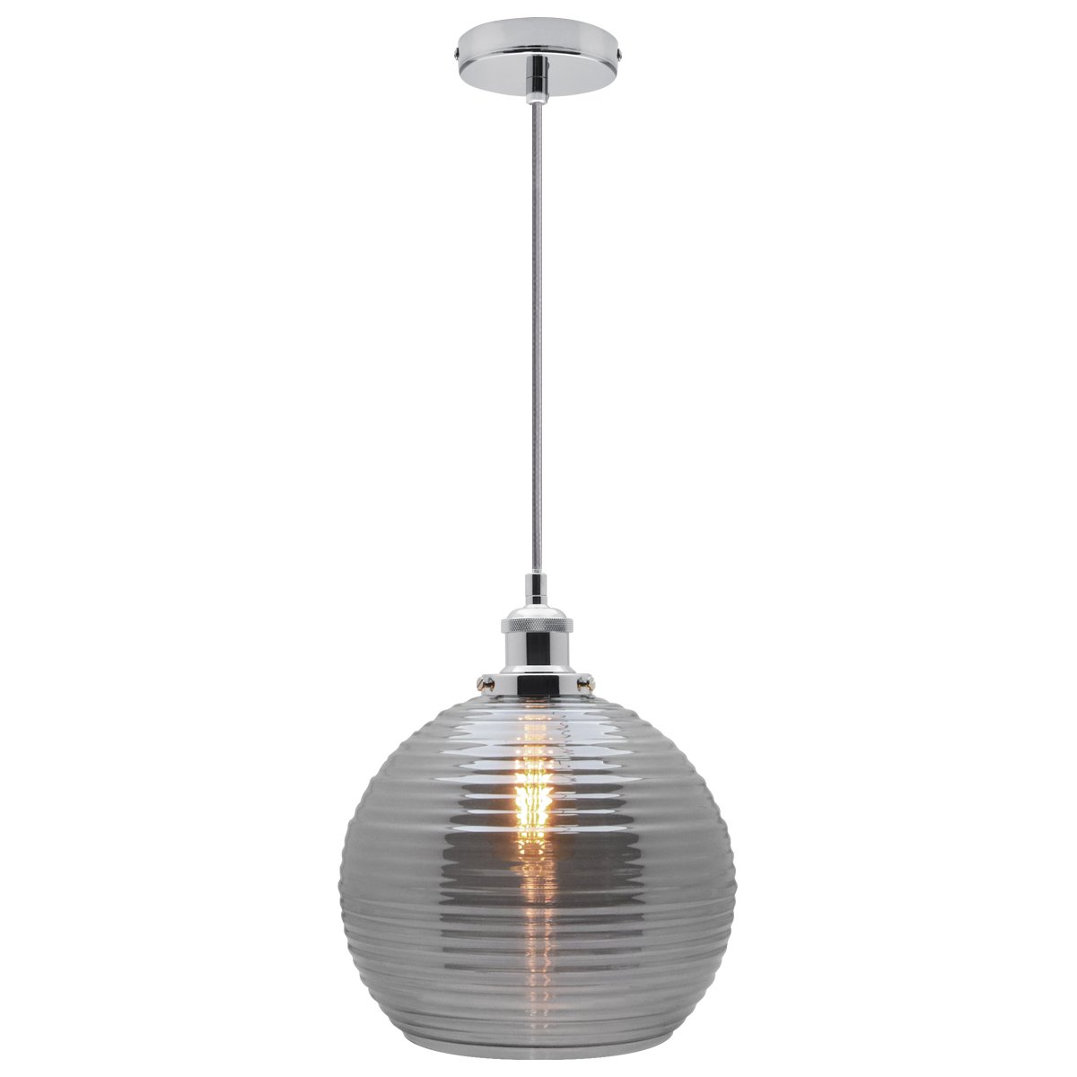 Energy Light Bulbs Smoked Sphere Ribbed Glass Ceiling Pendant Light - Grey
