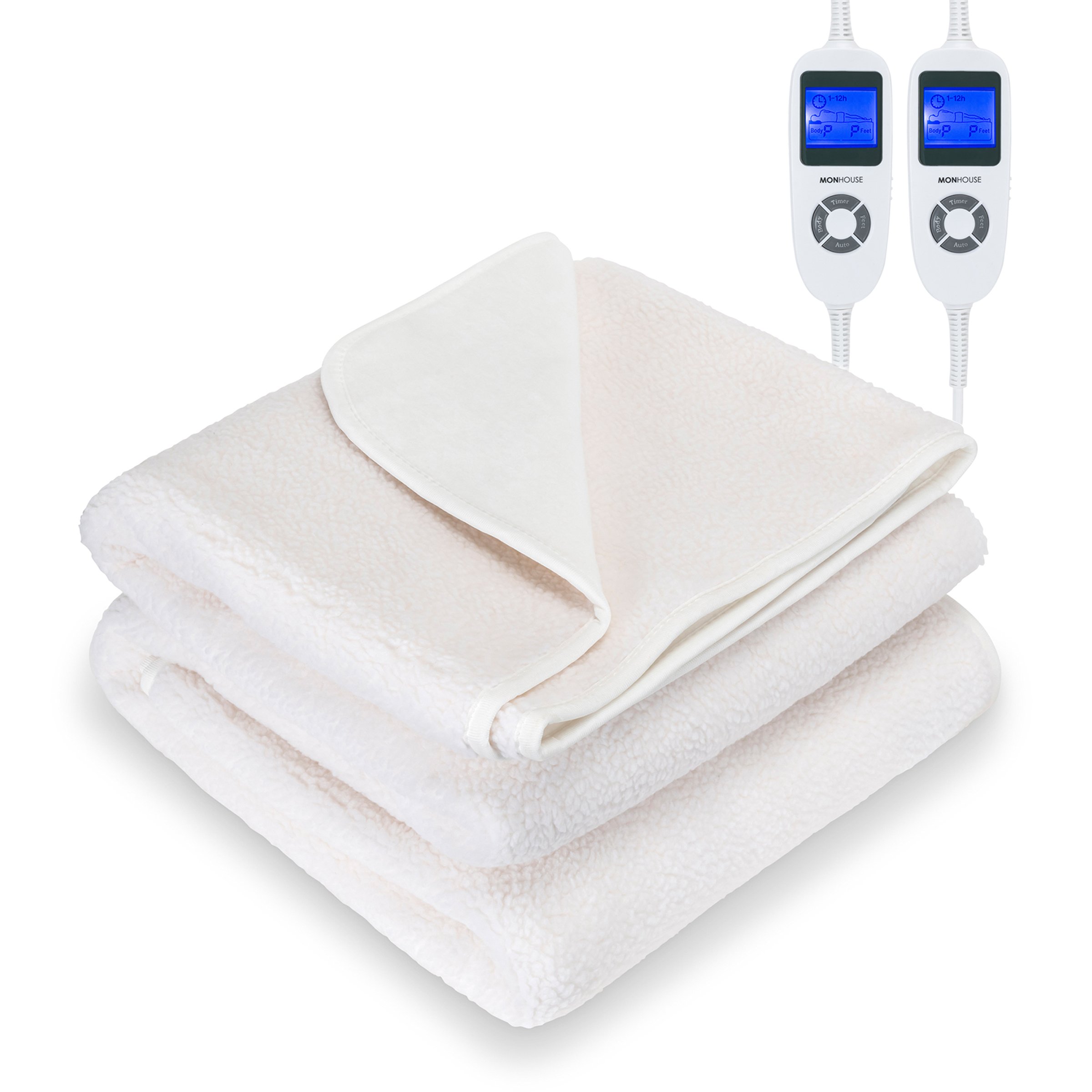 MONHOUSE Super King Fleece Electric Heated Under Blanket 9 Heat Settings - White