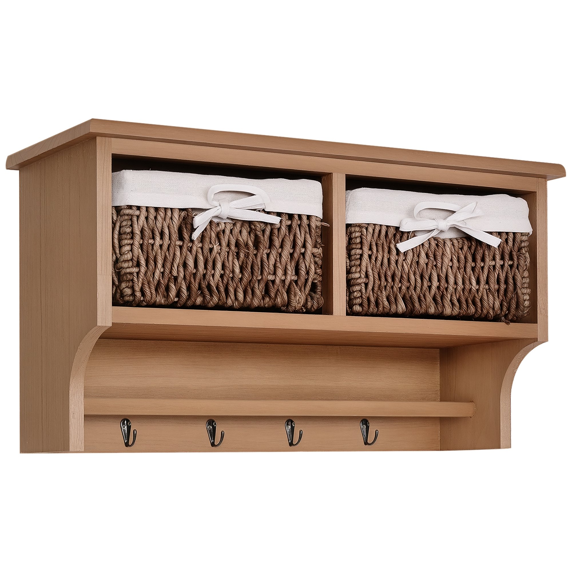 HOMCOM 2 Corn Husk Baskets & Hooks Wall Mounted Coat Rack with Shelf  – Brown