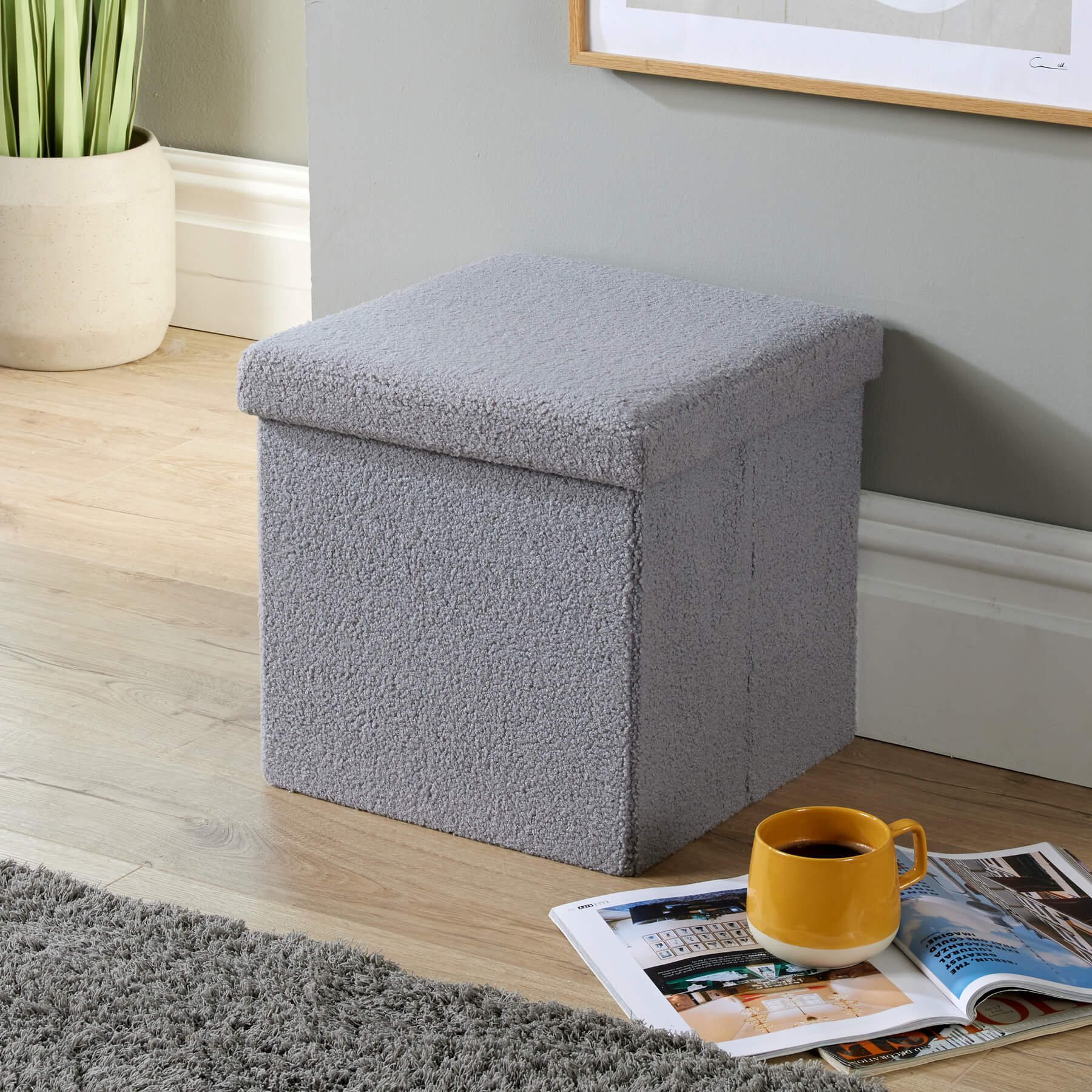 Home Source Teddy Boucle Square Folding Storage Ottoman - Grey