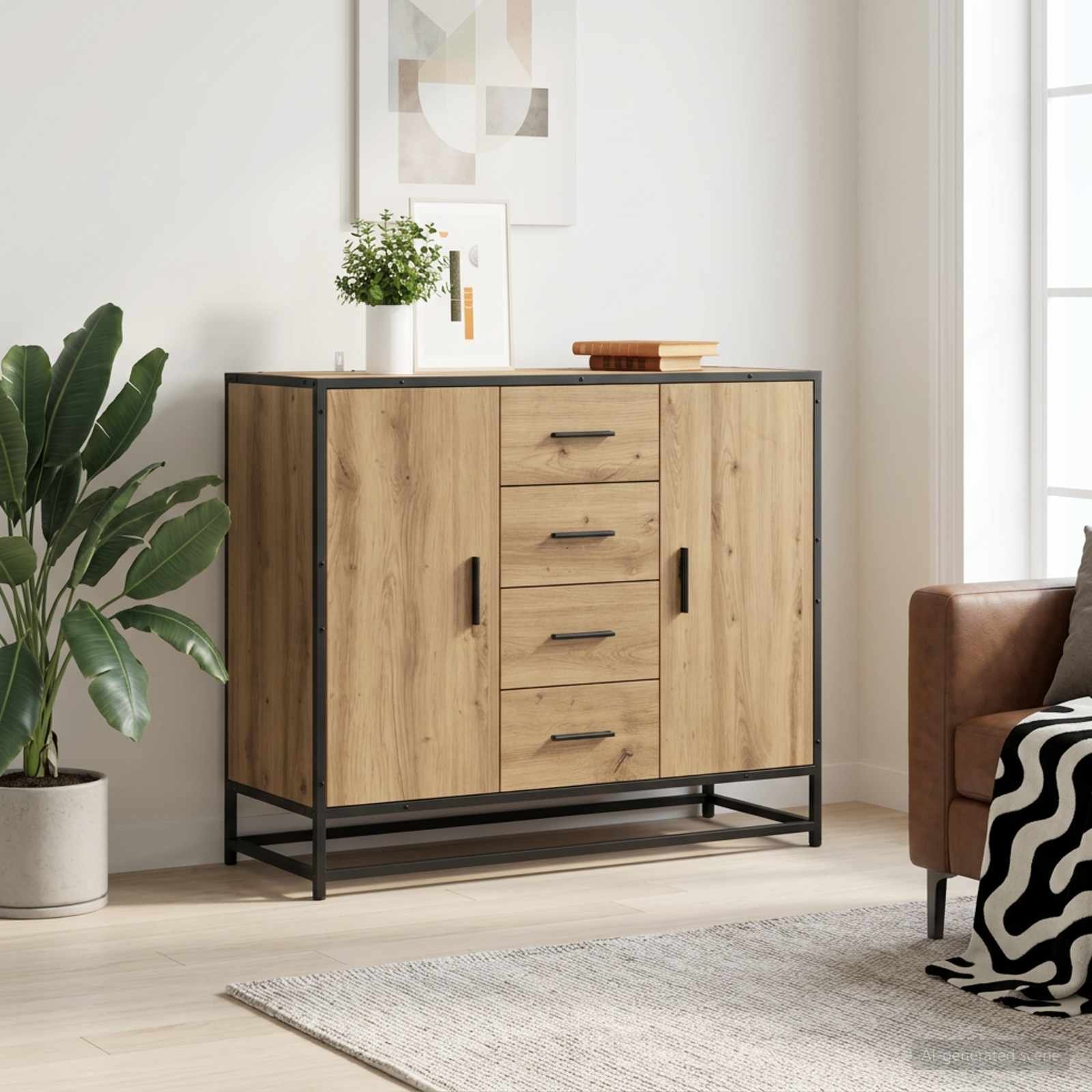 Walplus 2 Shelf Engineered Wood Sideboard - Artisan Oak - 92 x 35 x 76 cm