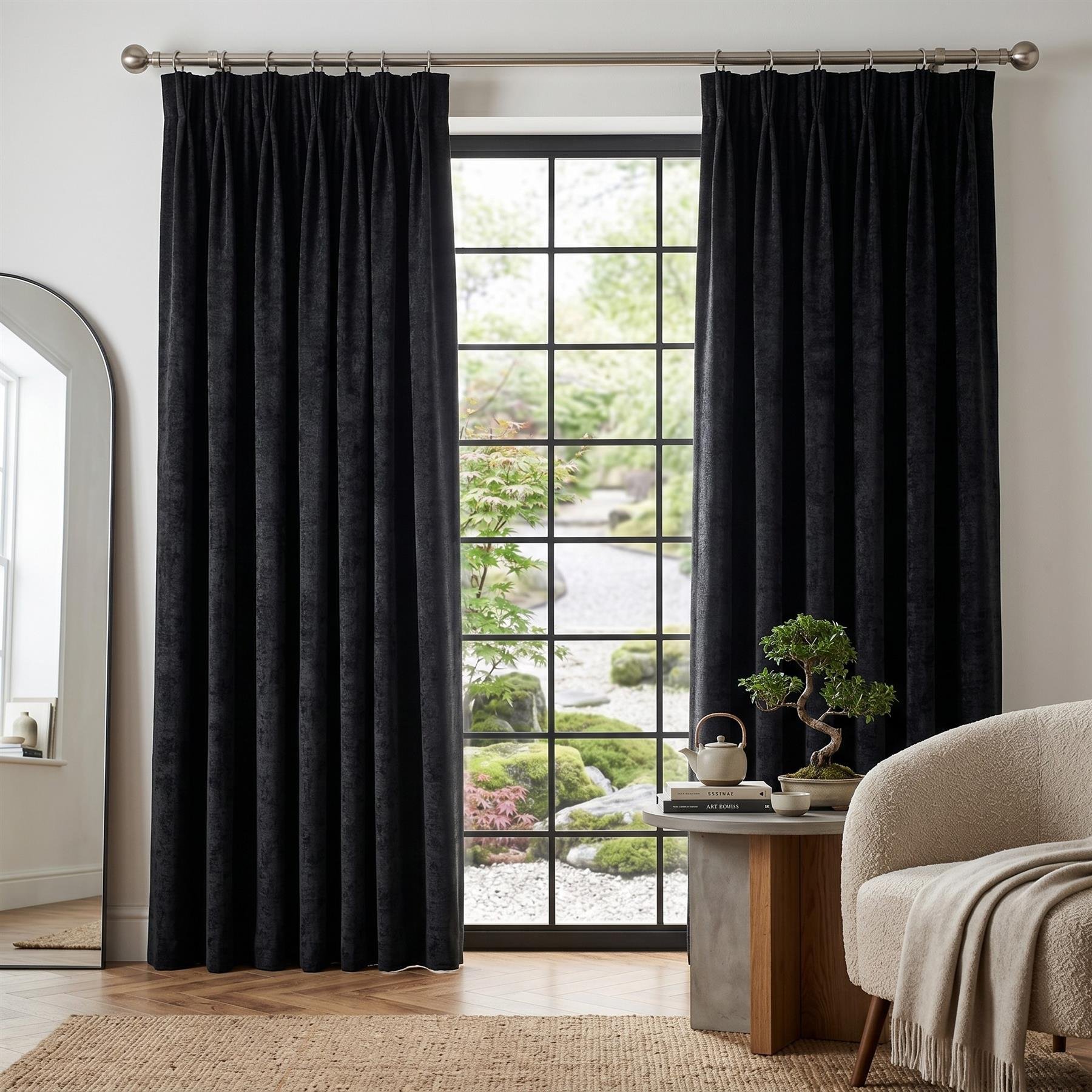 Luxury Living Chenille Blackout Pencil Pleat Curtains 117cm x 229cm - Black