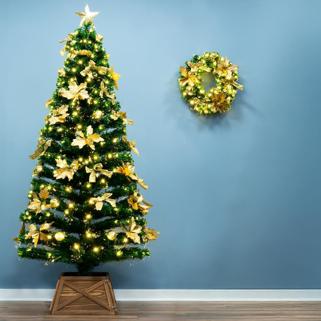 Christmas Tree World 7ft Gilded Poinsettia Fir Fibre Optic Tree