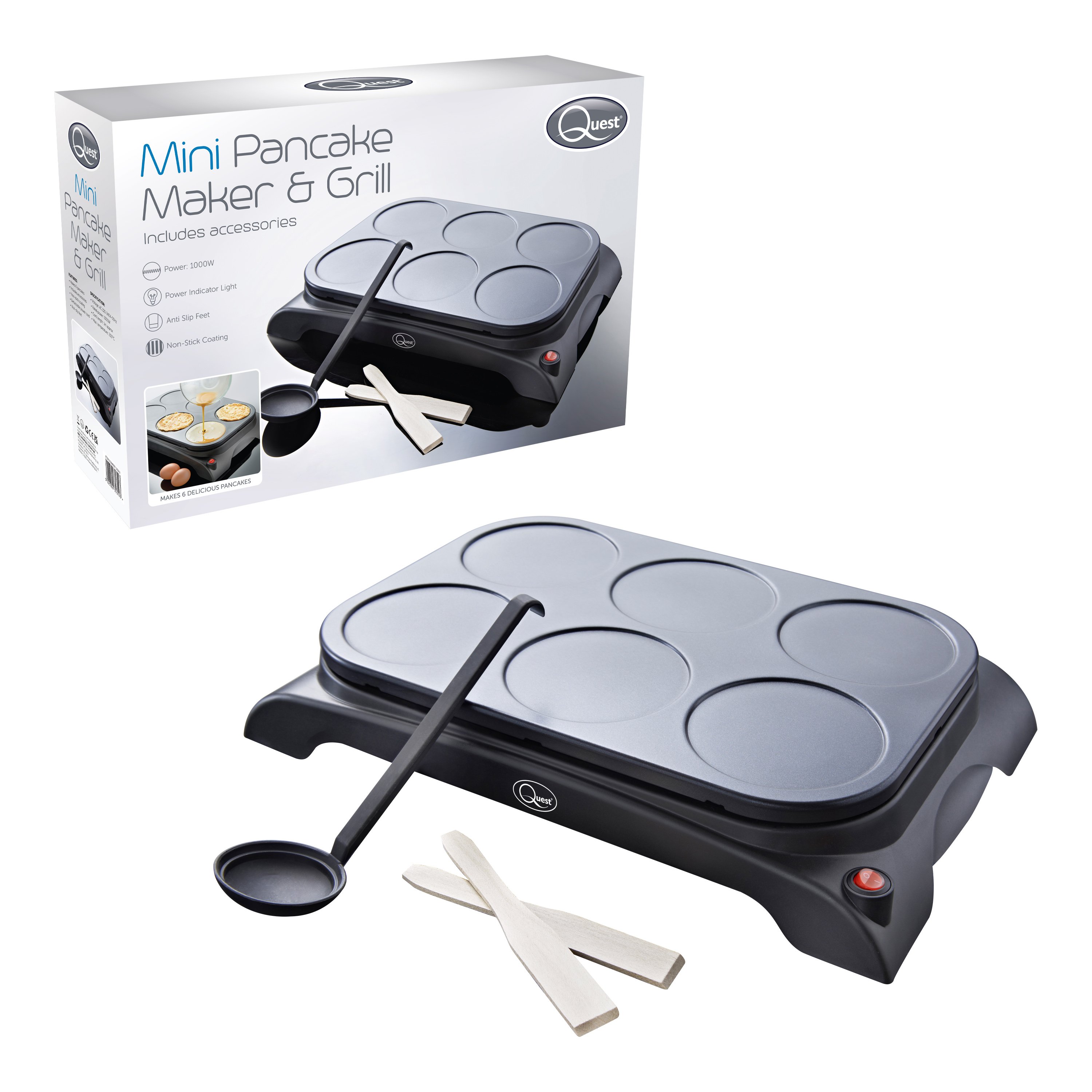 Quest Mini Pancake Maker & Grill With 6 Non-Stick Moulds - Silver
