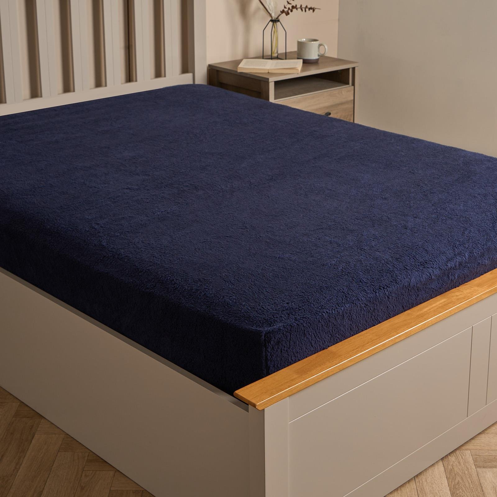 OHS Teddy Fleece Thermal Fitted Bed Sheet Navy - King