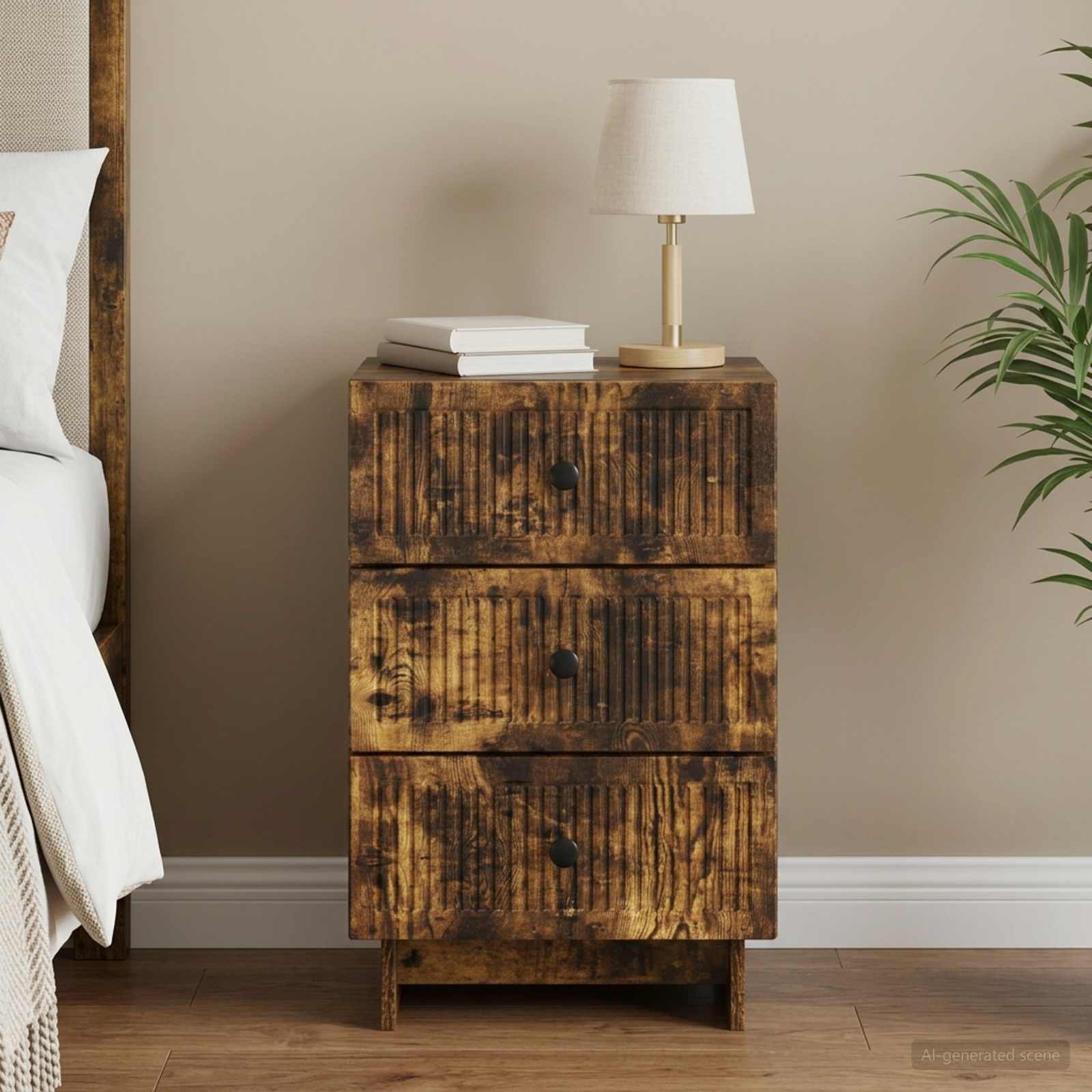 Walplus Engineered Wood Bedside Cabinet - Smoked Oak - 43 x 41 x 66.5 cm