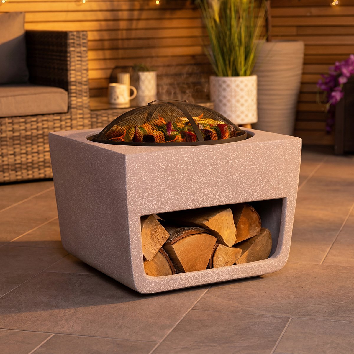 Charles Bentley Square Magnesia Fire Pit with Mesh Cover Cooking Grill - Grey
