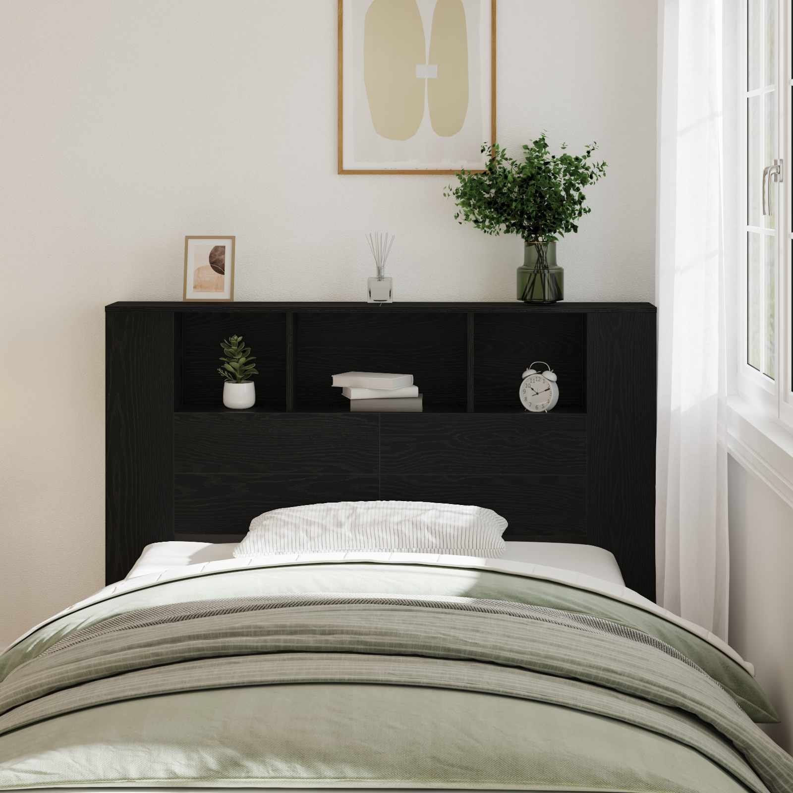 Walplus Engineered Wood Headboard Cabinet - Black Ash - 140 x 18.5 x 102.5 cm