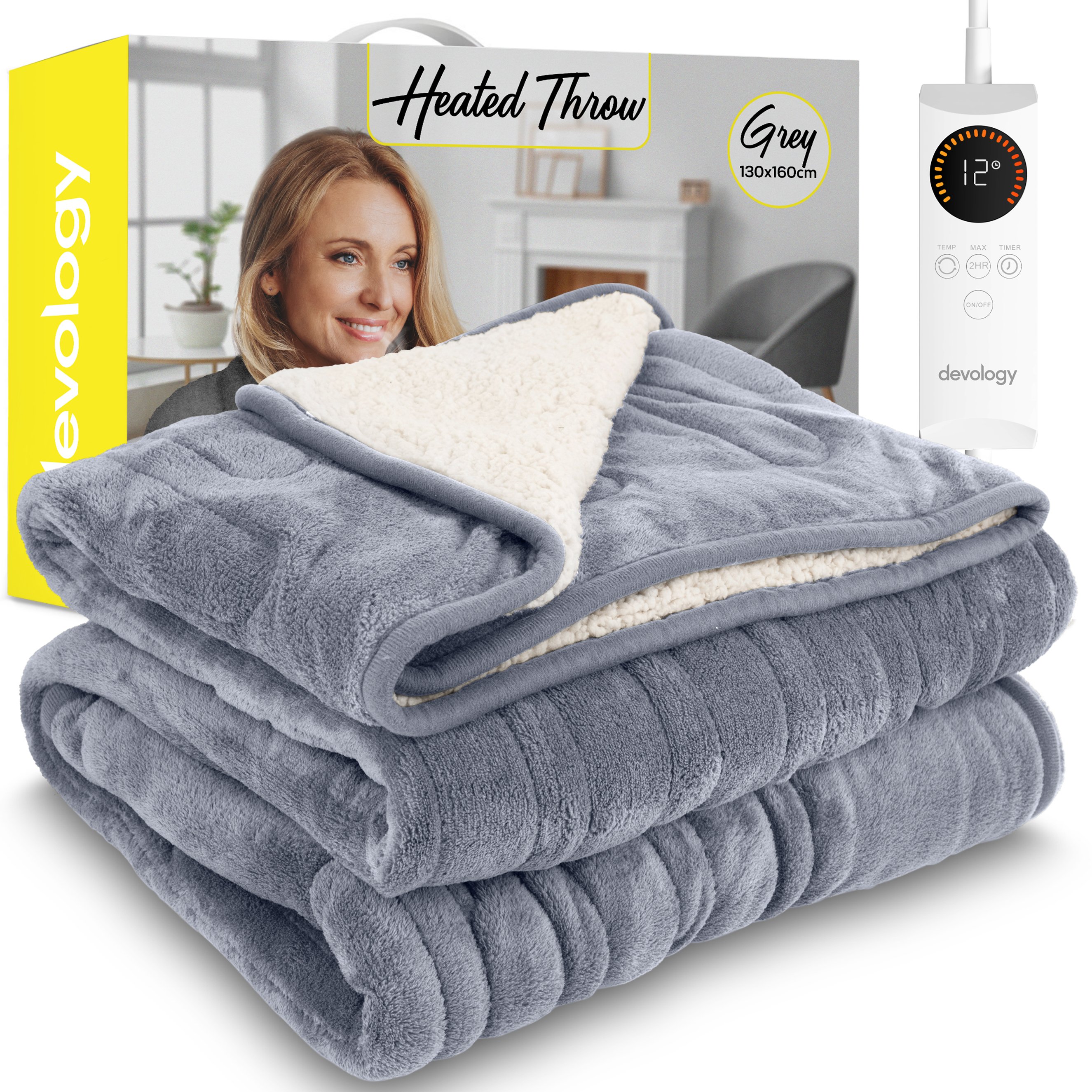 Devology Grey Shearling Electric Blanket Throw 6 Settings - Single