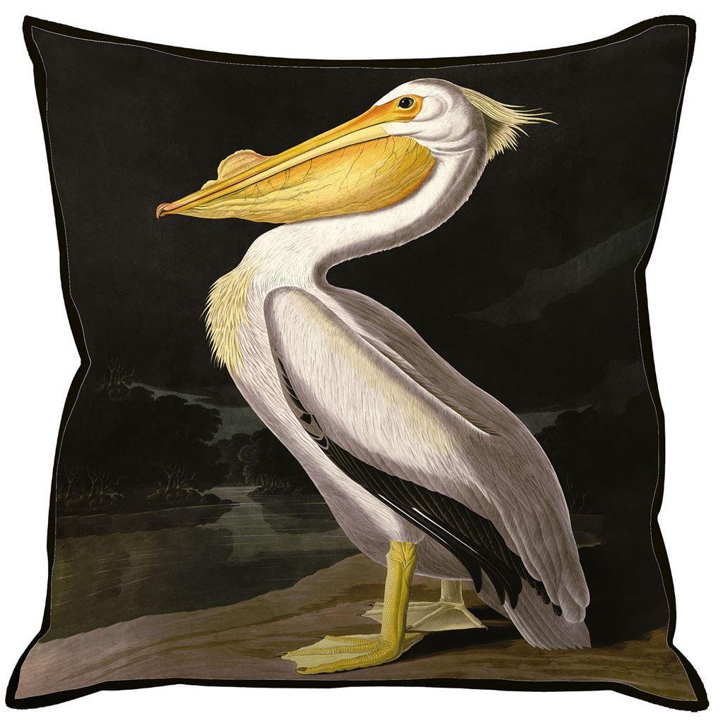 John James Audubon American White Pelican Filled Cushion - Black & White