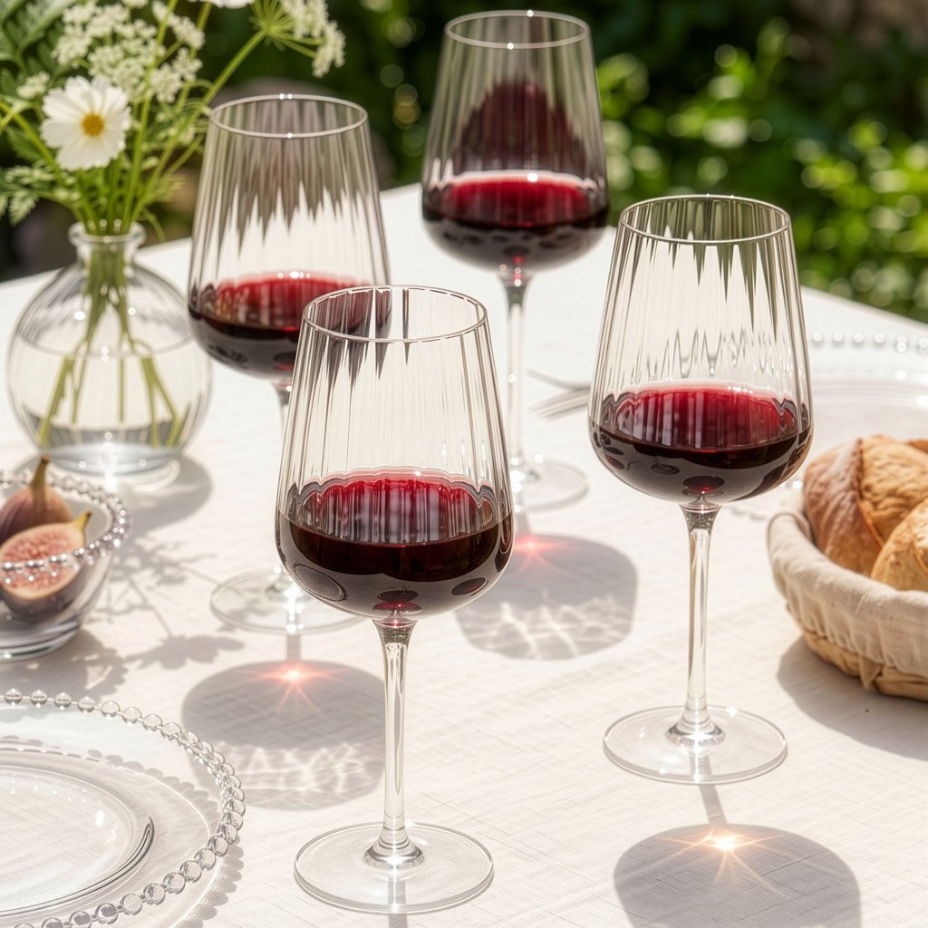 Dibor Set of 4 Glass Ribbed Red Wine Glasses - Clear