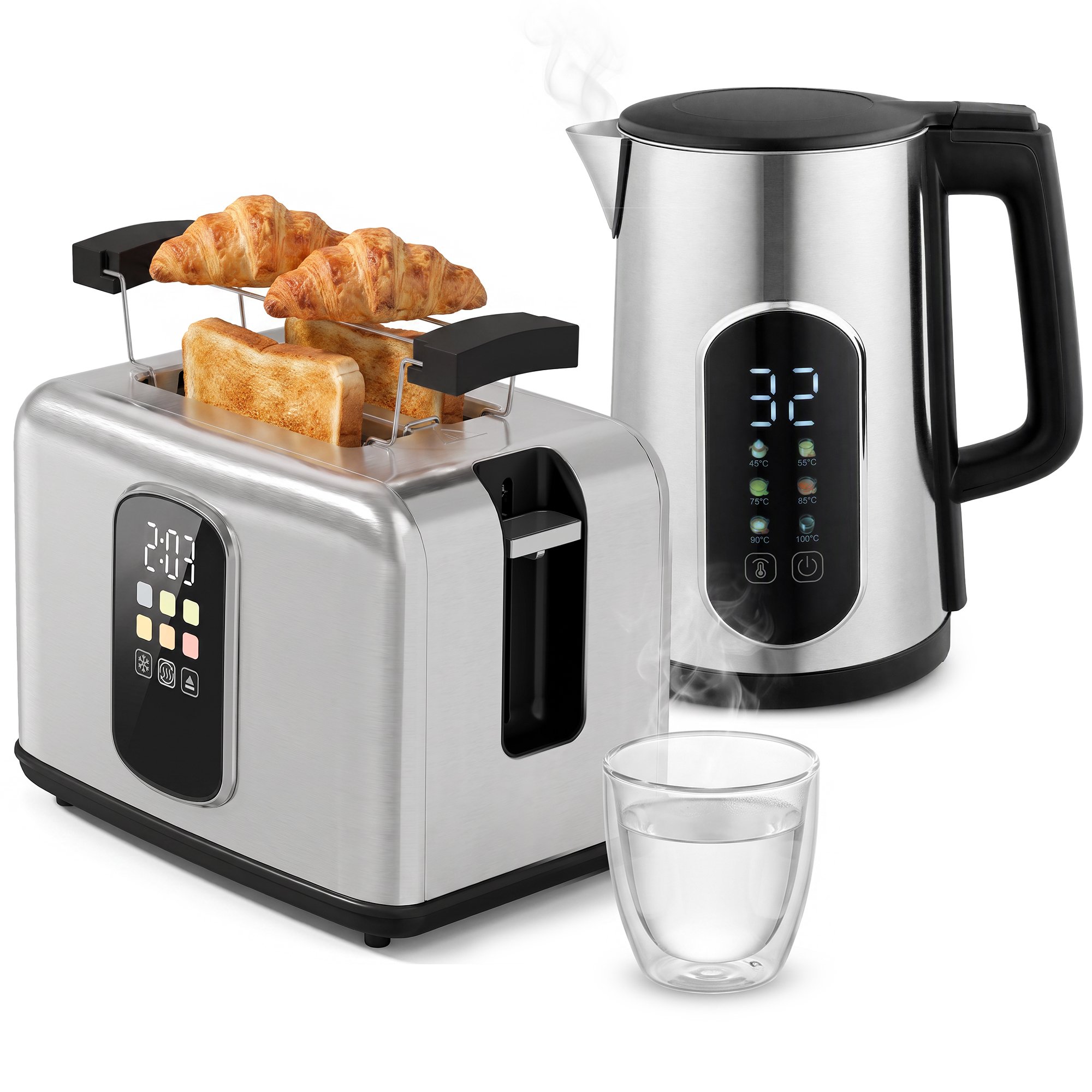 HOMCOM 1.5L 3000W 2 Slice Stainless Steel Kettle and Toaster Set – Silver