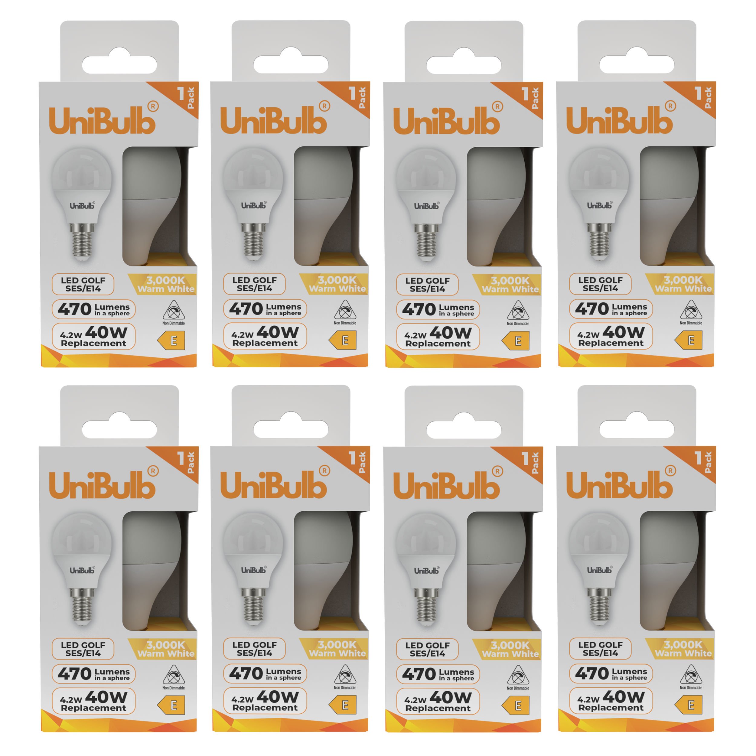 UniBulb 4.2W LED Warm White Golf Ball E14 Light Bulb - Pack of 8
