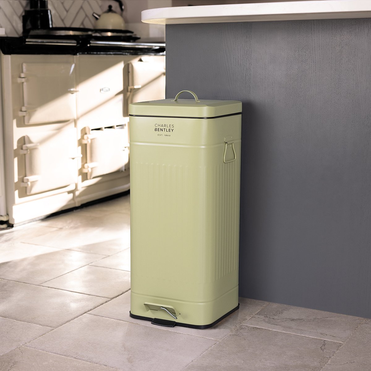 Charles Bentley 30L Square Retro Kitchen Pedal Bin - Green