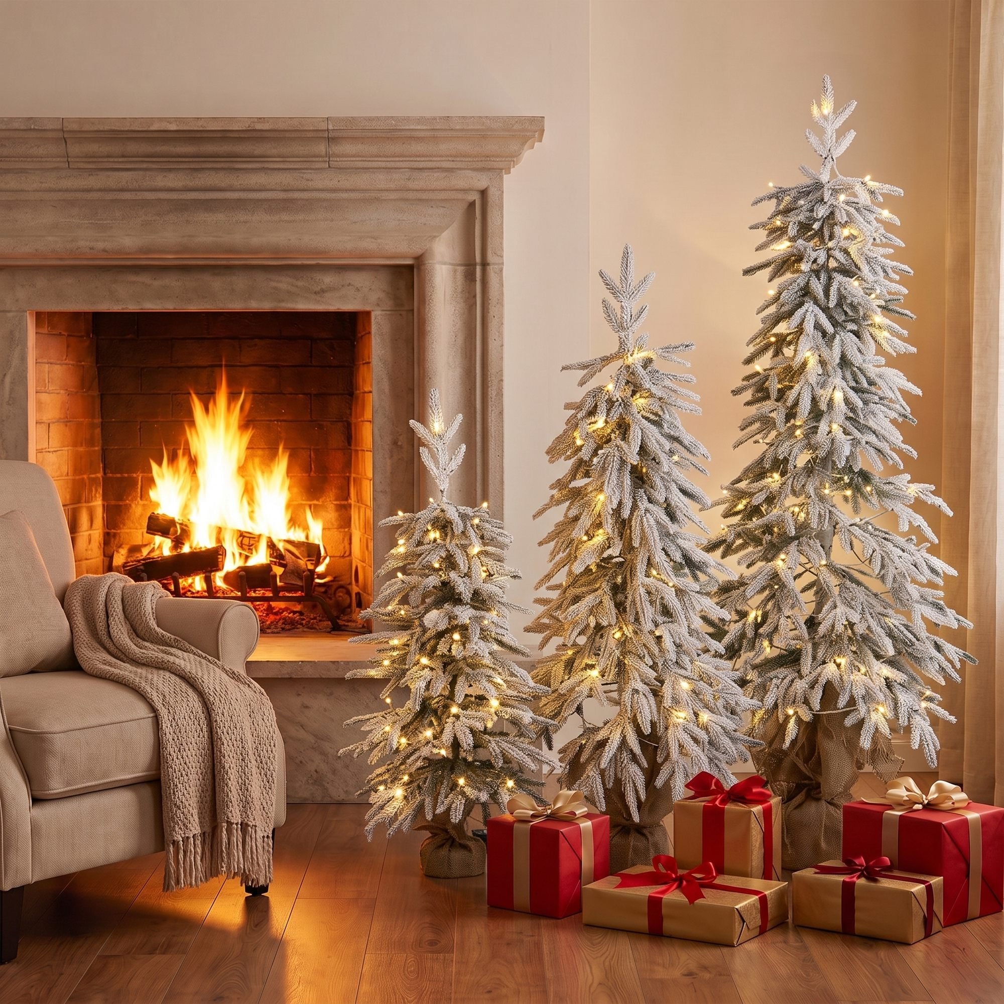 HOMCOM Set of 3 Prelit Flocked Christmas Trees 3ft 4ft 5ft - Green