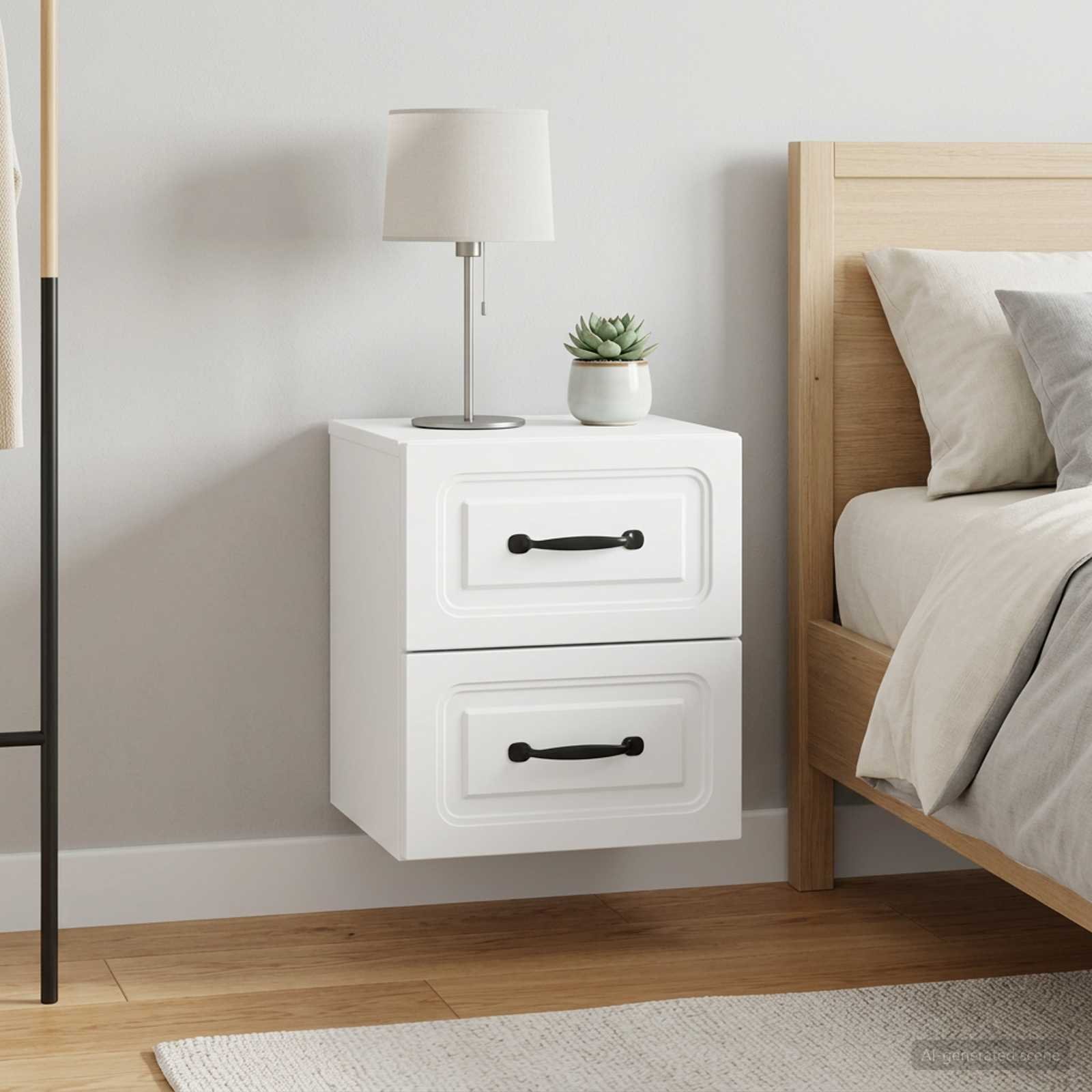 Walplus Pack of 2 Wall Mounted Bedside Drawer Unit - White - 34.5 x 33 x 40 cm