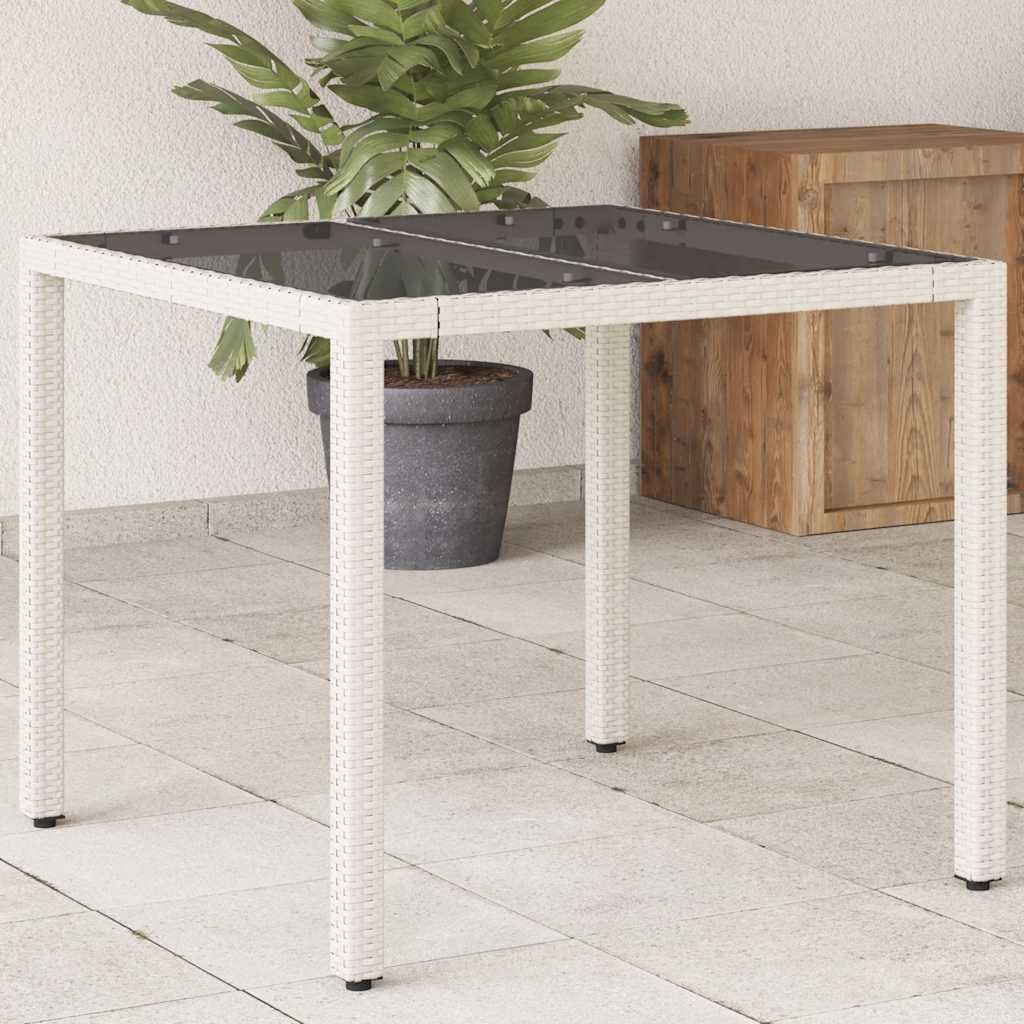 Walplus Poly Rattan Garden Table with Glass Top - White - 90 x 90 x 75 cm