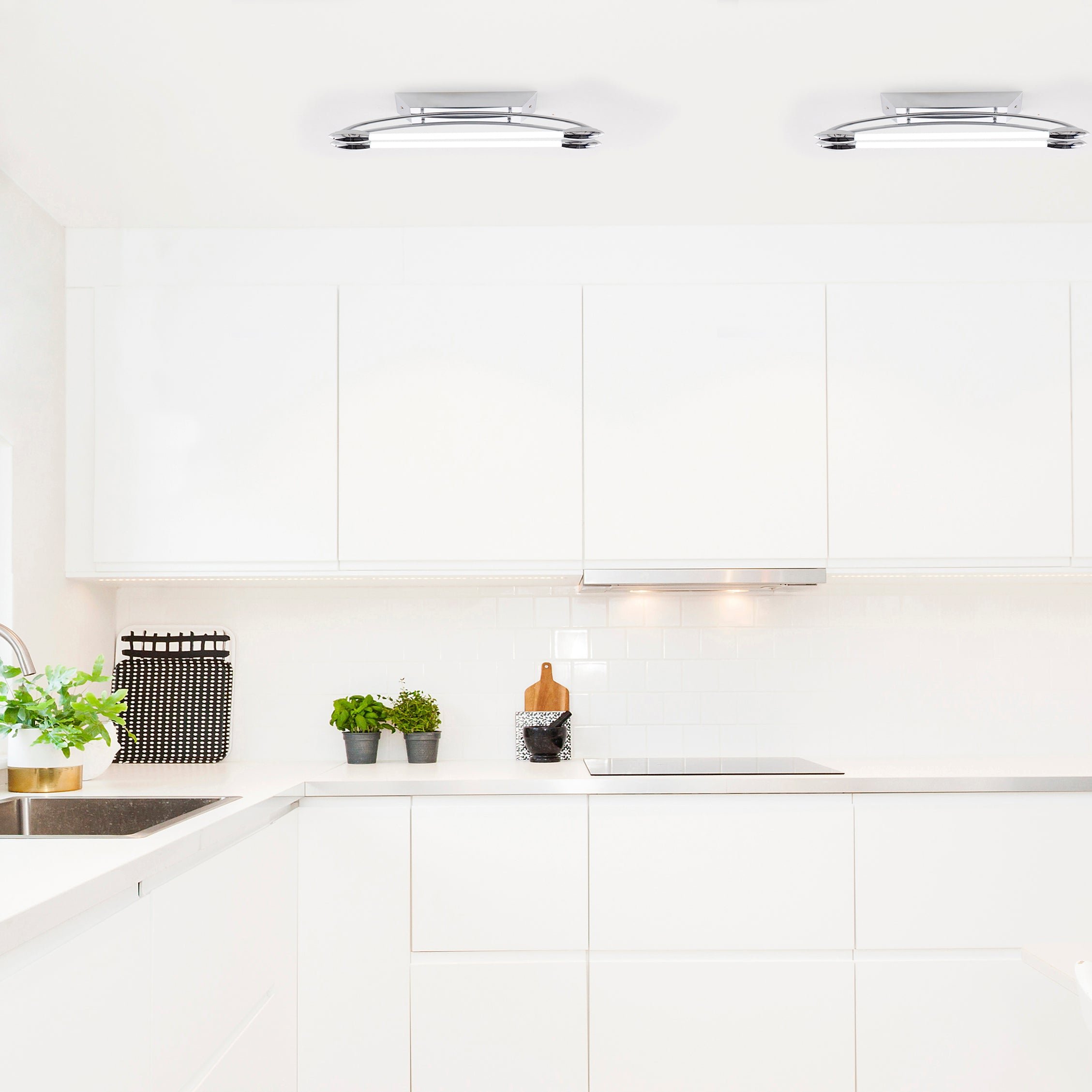 Loops Direct Steel and Glass Flush Ceiling Light - Chrome Plate and Opal Glass
