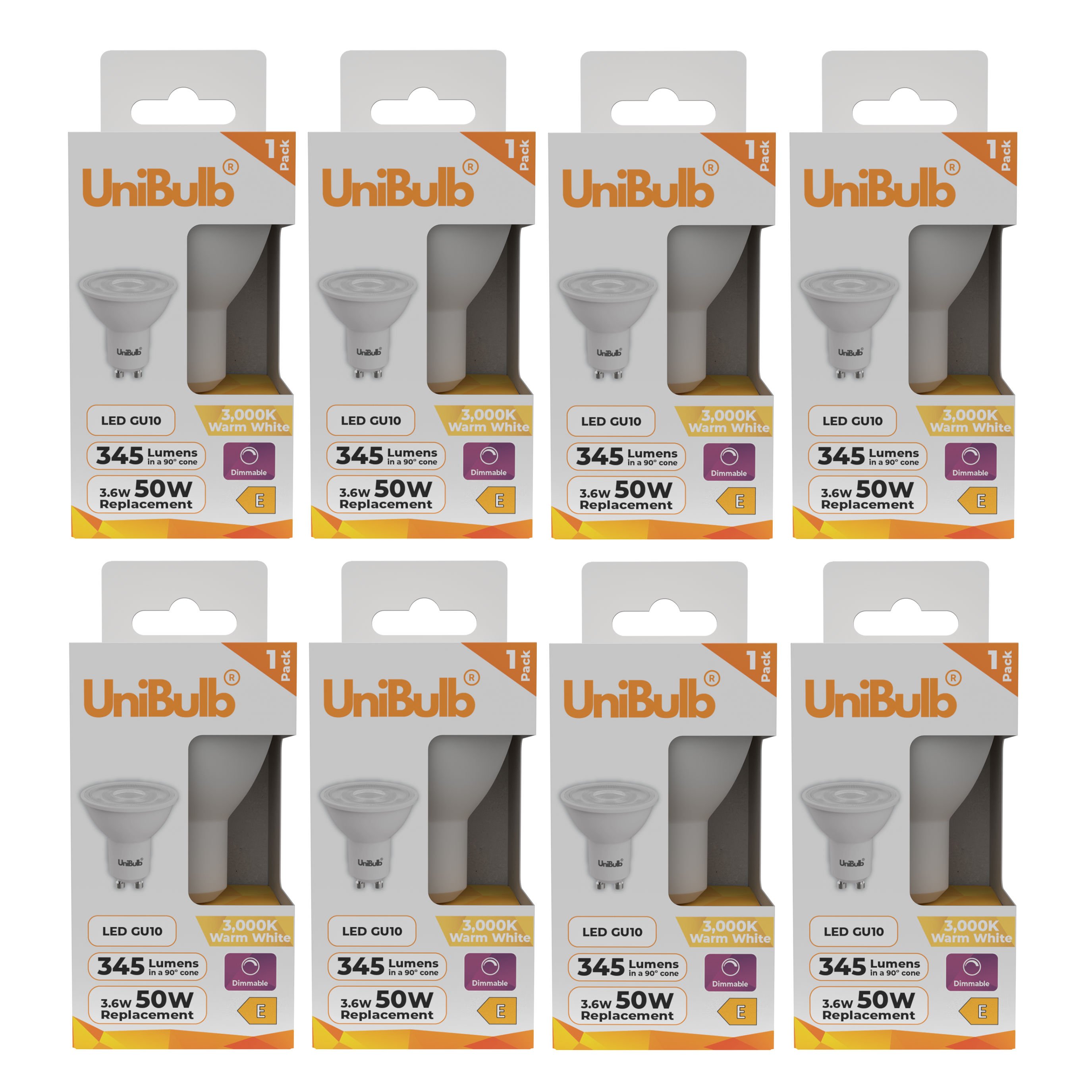 UniBulb 3.6W LED Warm White Dimmable Spotlight GU10 Light Bulb - Pack of 8