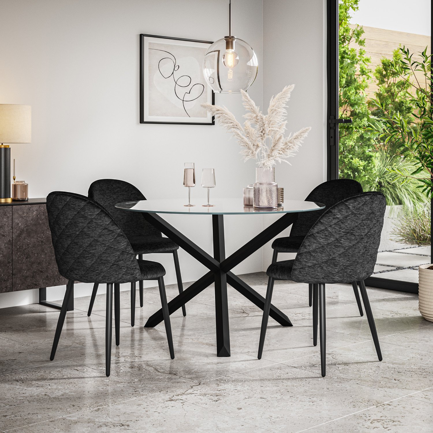 Furniture Online Malvern Round Glass Dining Table & 6 Black Chairs