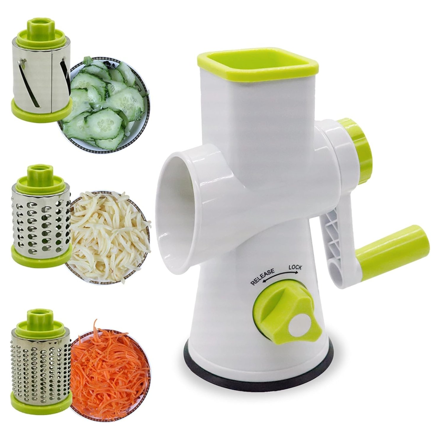 Top 3 Rotary Food Grater with 3 Stainless Steel Attachments - White and Green